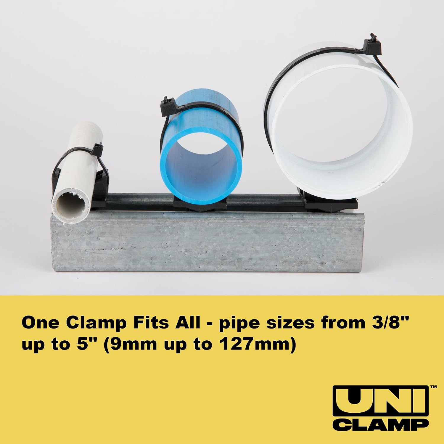 Strut Clamp for Piping and Conduit (10pcs & 100pcs), 3/8' to 5' Universal Size, Tool-Free Install, Made in USA, Non-Corrossive, Non-Conductive. (Uniclamp + Stainless Strap + HDPE Sleeve, 100)