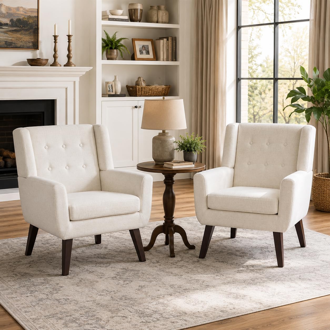 HUIMO Upholstered Accent Chairs Set of 2,Button-Tufted Reading Comfy Living Room Chair with Wooden Legs,Mid Century Modern Chair with Linen Fabric,Club Chair Comfy Arm Chairs for Bedroom,Beige