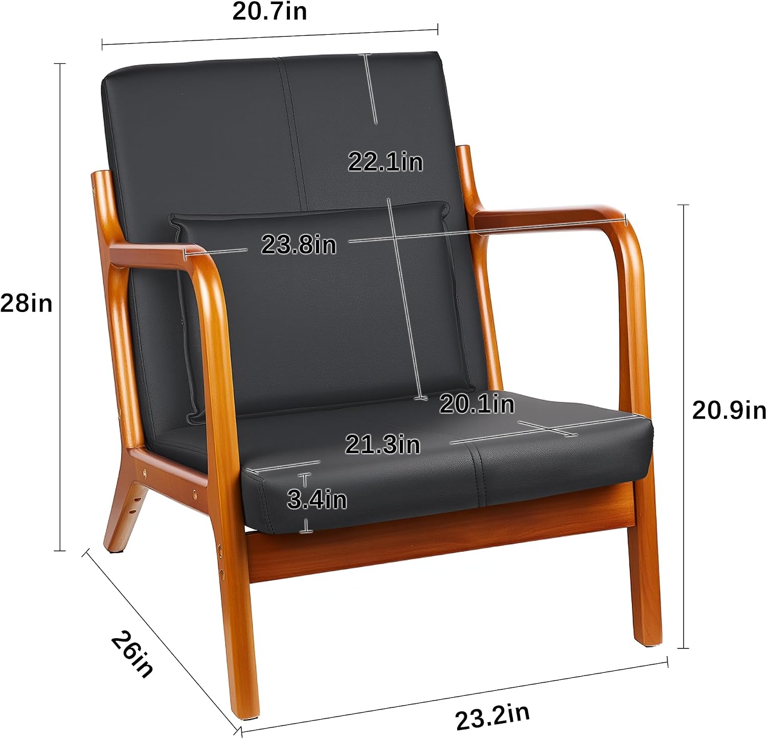 VECELO Mid-Century Modern Accent Chair with Faux Leather Cushion & Solid Wood Frame, Lounge Armchair for Living Room, Bedroom, Office, Black