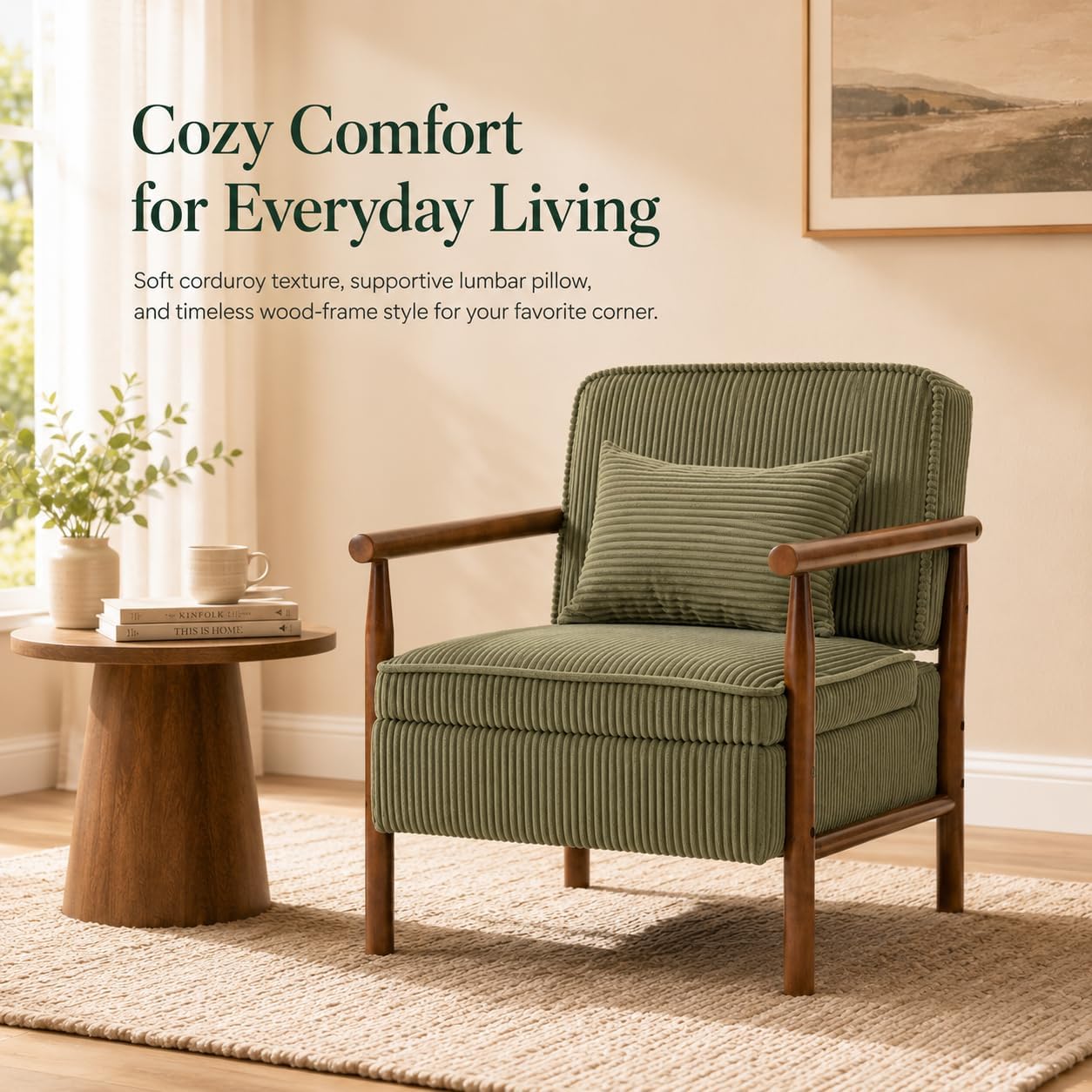 Accent Chair with Hidden Storage, Mid-Century Upholstered Armchair with Solid Wood Frame, Corduroy Fabric Accent Chair for Living Room, Bedroom, and Reading Corner(Green)