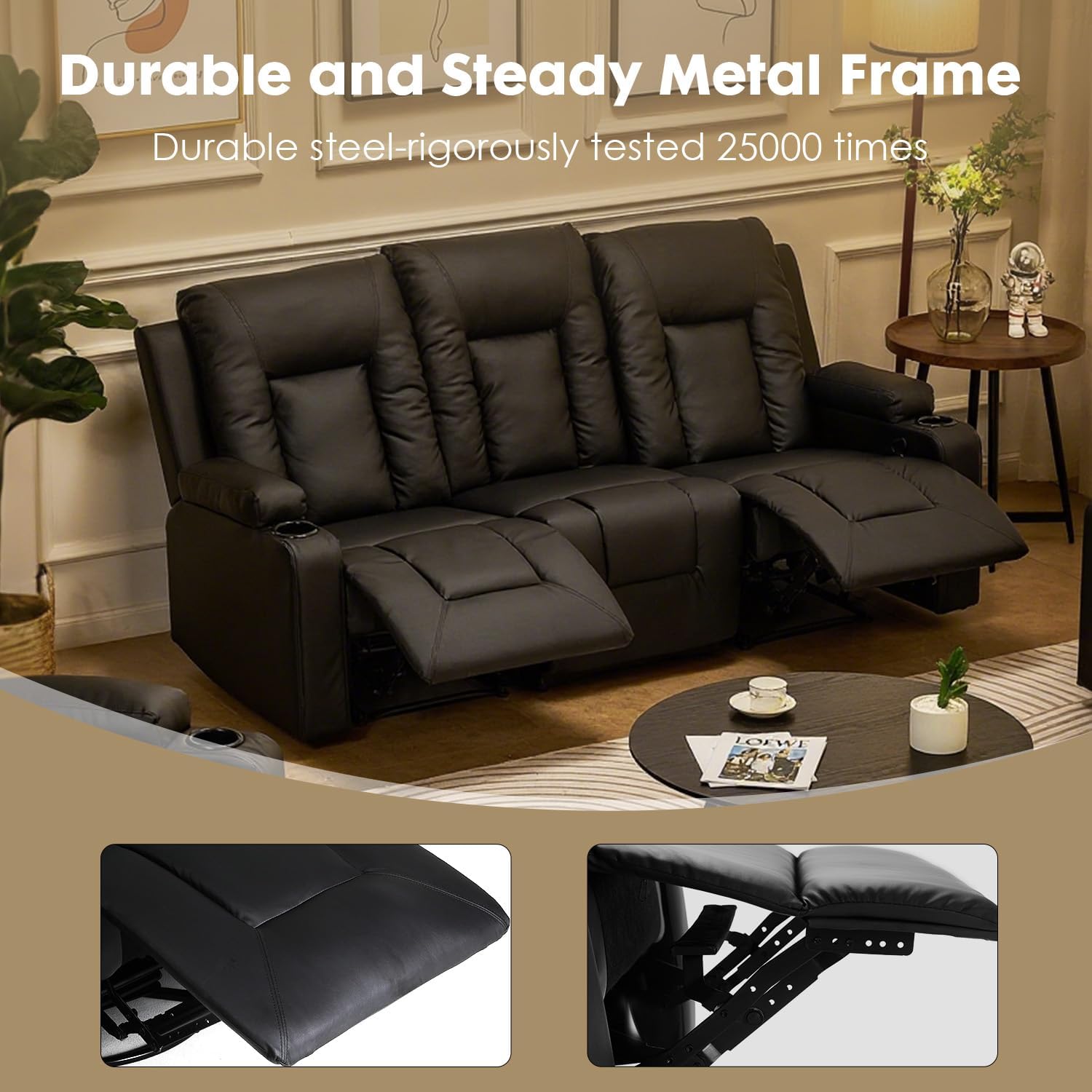 LUCKLIFE Leather Recliner Sofa Set with Manual Recliners,Living Room Furniture Set with Reclining Couch,Loveseat and Armchair,Living Room Chair with Cup Holders,Black (3+1+1)