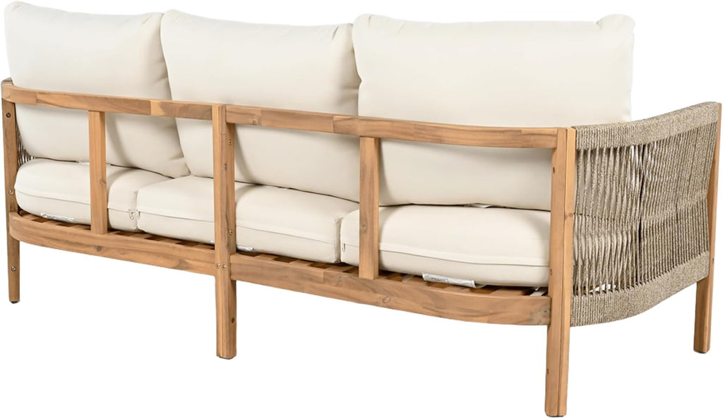 Christopher Knight Home Havets 77'W Outdoor 3 Seater Sofa, 6' Thick Cushion Couch, Acacia Wood Bench Sofa, Comfy Woven Rope Armchair, Spacious Seating Bench Couch for Backyard Garden Porch, Teak+Beige