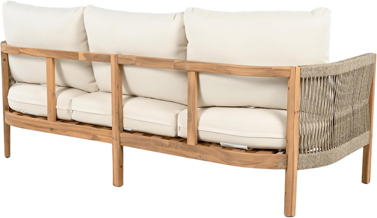 Christopher Knight Home Havets 77'W Outdoor 3 Seater Sofa, 6' Thick Cushion Couch, Acacia Wood Bench Sofa, Comfy Woven Rope Armchair, Spacious Seating Bench Couch for Backyard Garden Porch, Teak+Beige