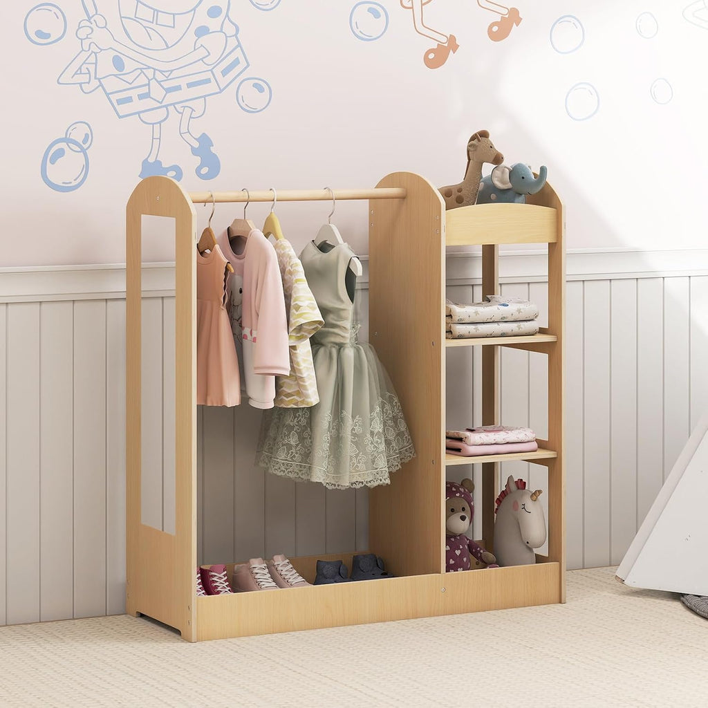 HONEY JOY Kids Dress up Storage with Mirror, Wooden Children Costume Wardrobe Closet, Open Hanging Toddler Armoire, Pretend Play Baby Dresser for Bedroom Playroom, Gift for 2+ Years Old (Natural)