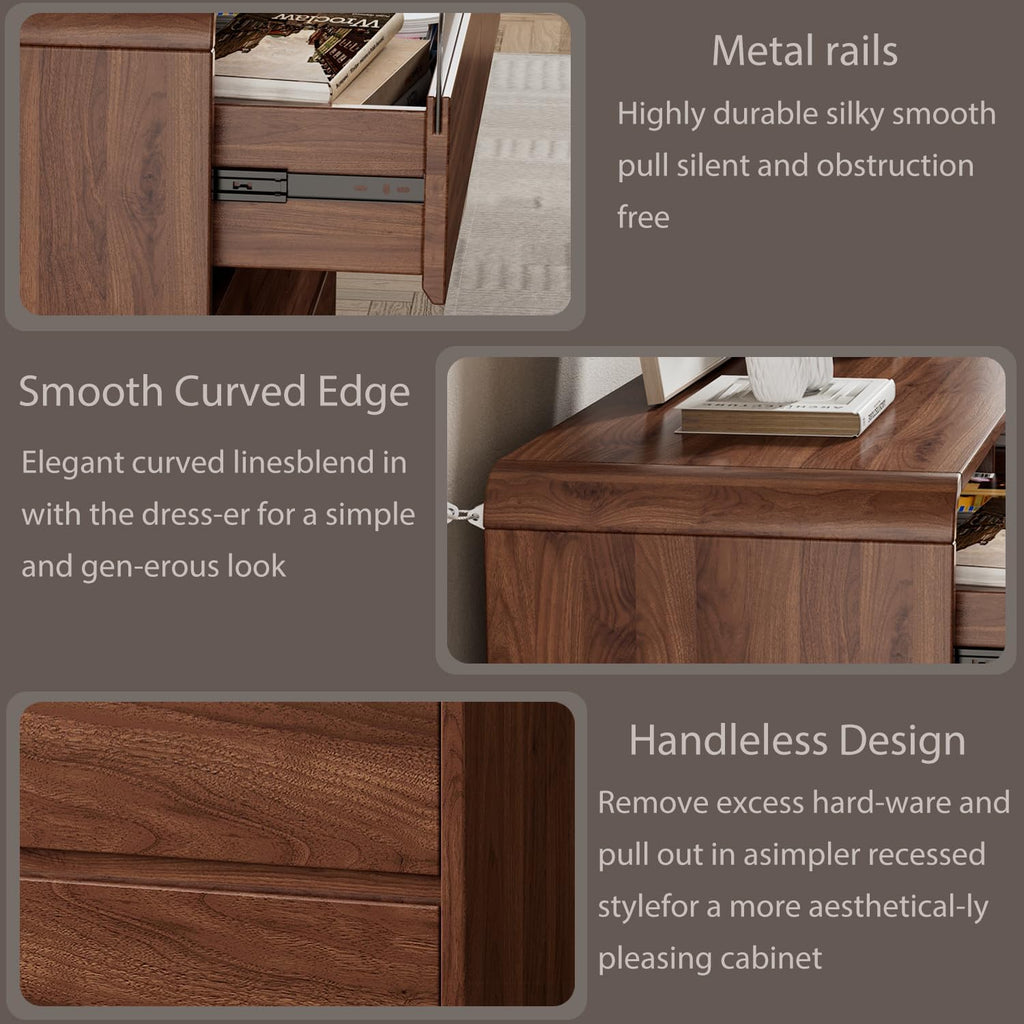 Ieejdn 47.2' Dresser with 6 Drawer, Wide Dresser with Recessed Glass Display & Silent Metal Rails, Handleless Chest of Drawers for Clothes, and Bedding, Walnut