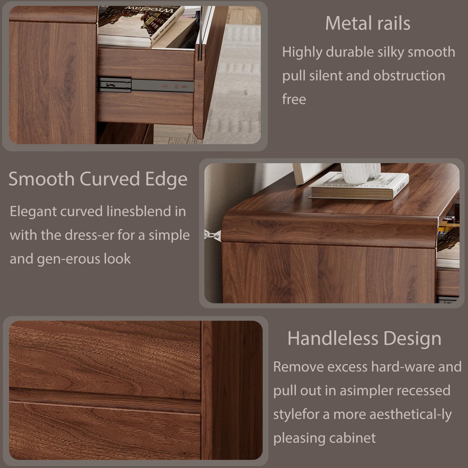Ieejdn 47.2' Dresser with 6 Drawer, Wide Dresser with Recessed Glass Display & Silent Metal Rails, Handleless Chest of Drawers for Clothes, and Bedding, Walnut
