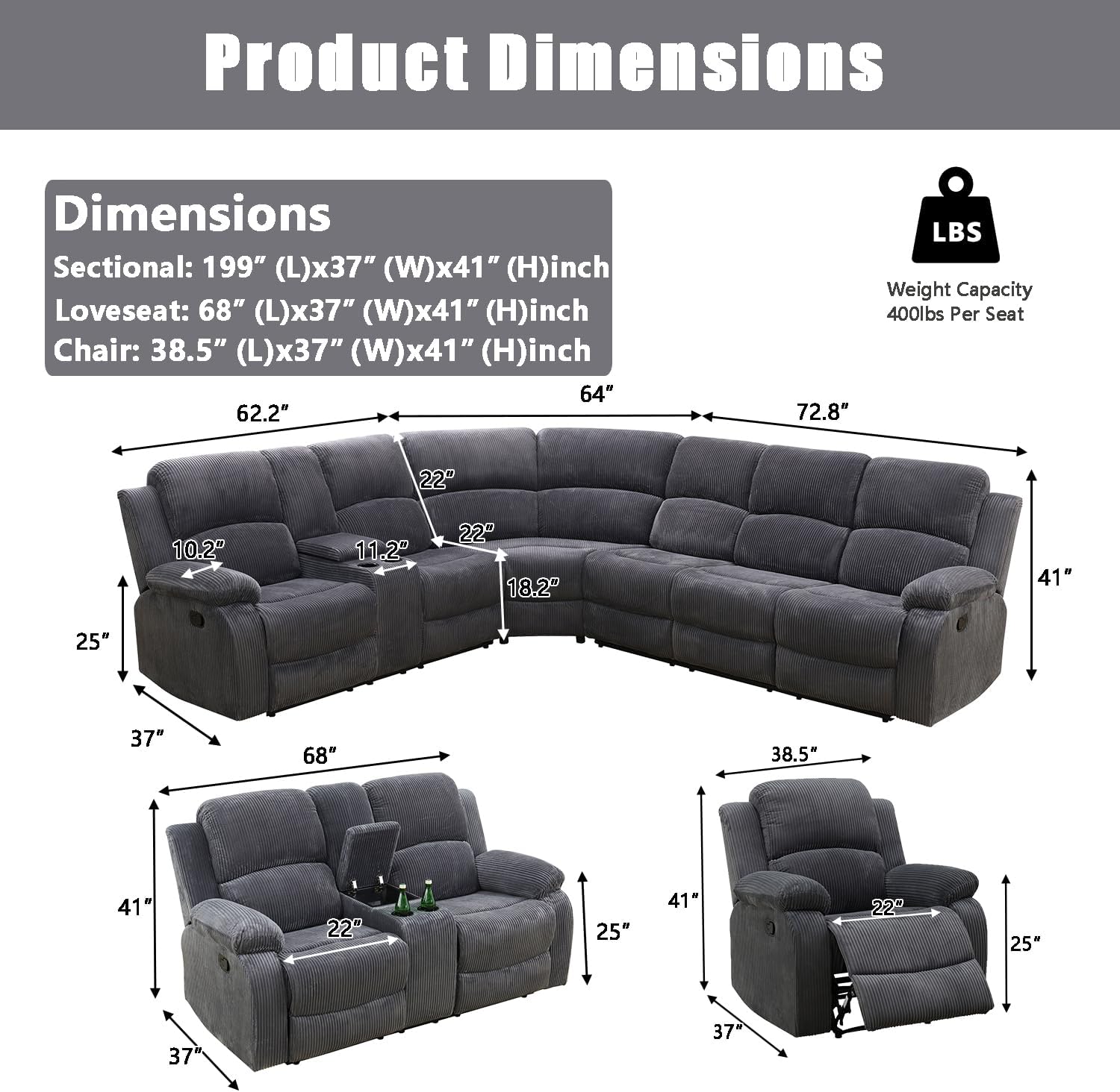A Ainehome Manual Sectional Couch Recliner Sofa Set with Storage, Corduroy Sofa Sets Manual Reclining Sectional Couches for Living Room with 5 Recliner Seats(Living Room Set, Dark Grey)