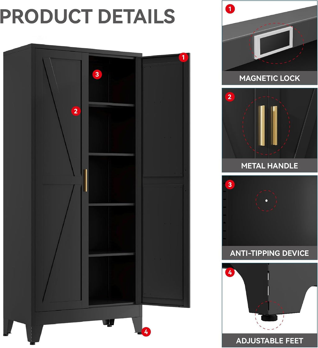 Farmhouse Pantry Cabinet with Barn Doors, 71' H x 31.5' W, 5-Tier Metal Storage Cabinet with 4 Adjustable Shelves for Kitchen Garage Dining Room, Black 1 Pack