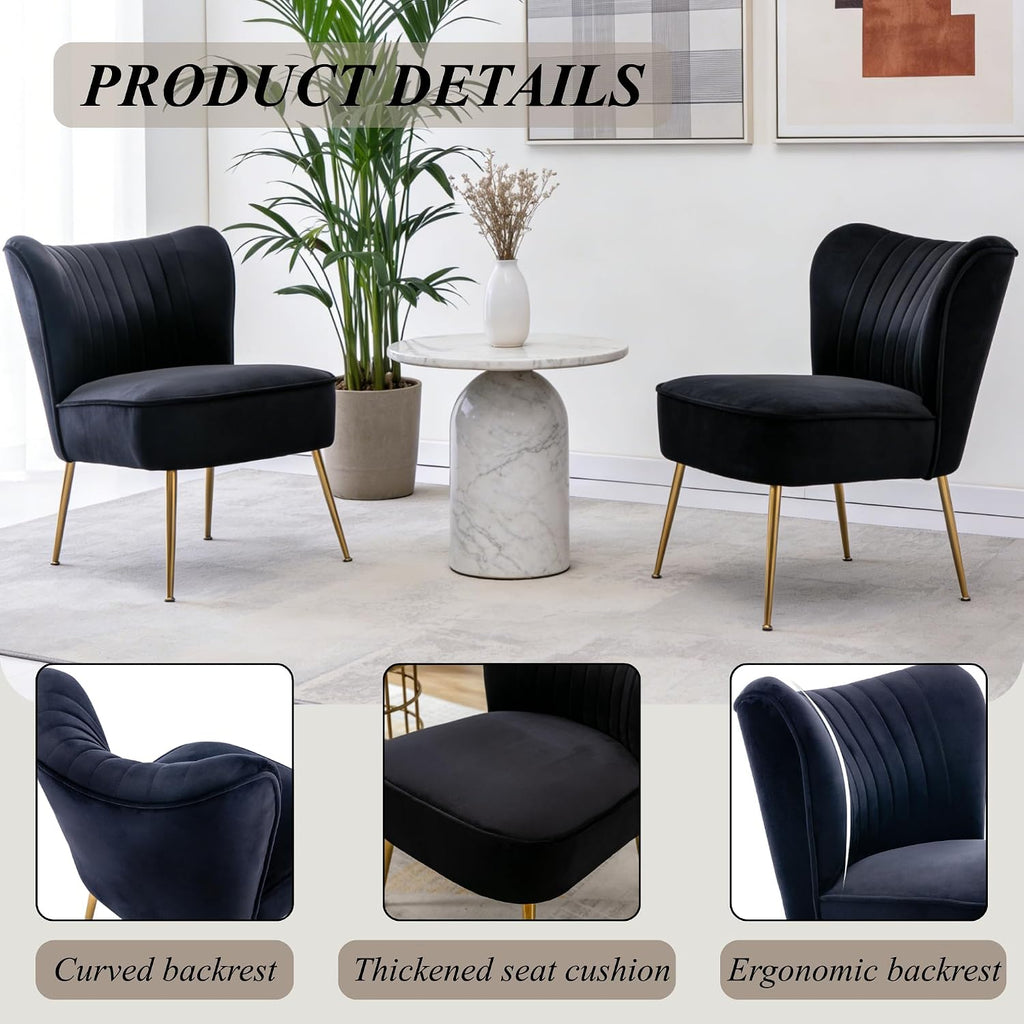 Velvet Accent Chair Set of 2 Comfy Living Room Chair Armless Slipper Chair Mid Century Side Single Sofa Chair with Golden Legs Wingback for Bedroom Guest Room, Black