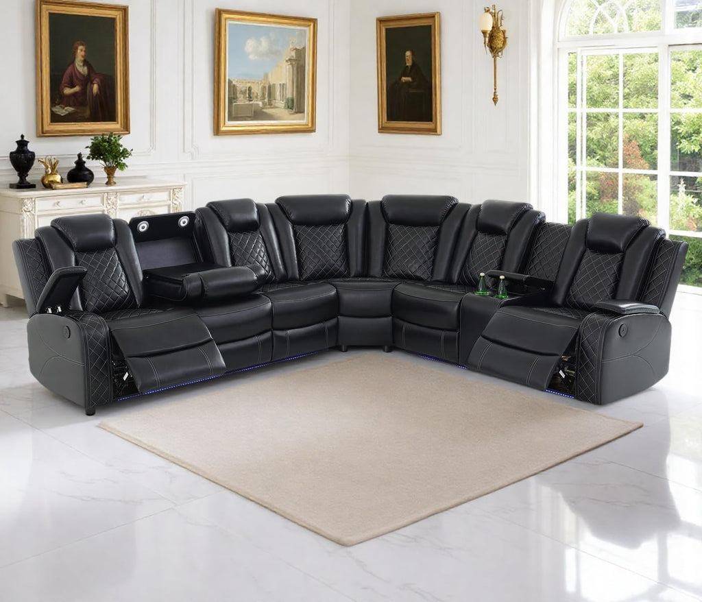 Power Recliner Sectional Sofa Set,Living Room Furniture Sets,Black Leather Sectional Reclining Couch Power Reclining Sofa with LED Light/Storage Console for Living Room