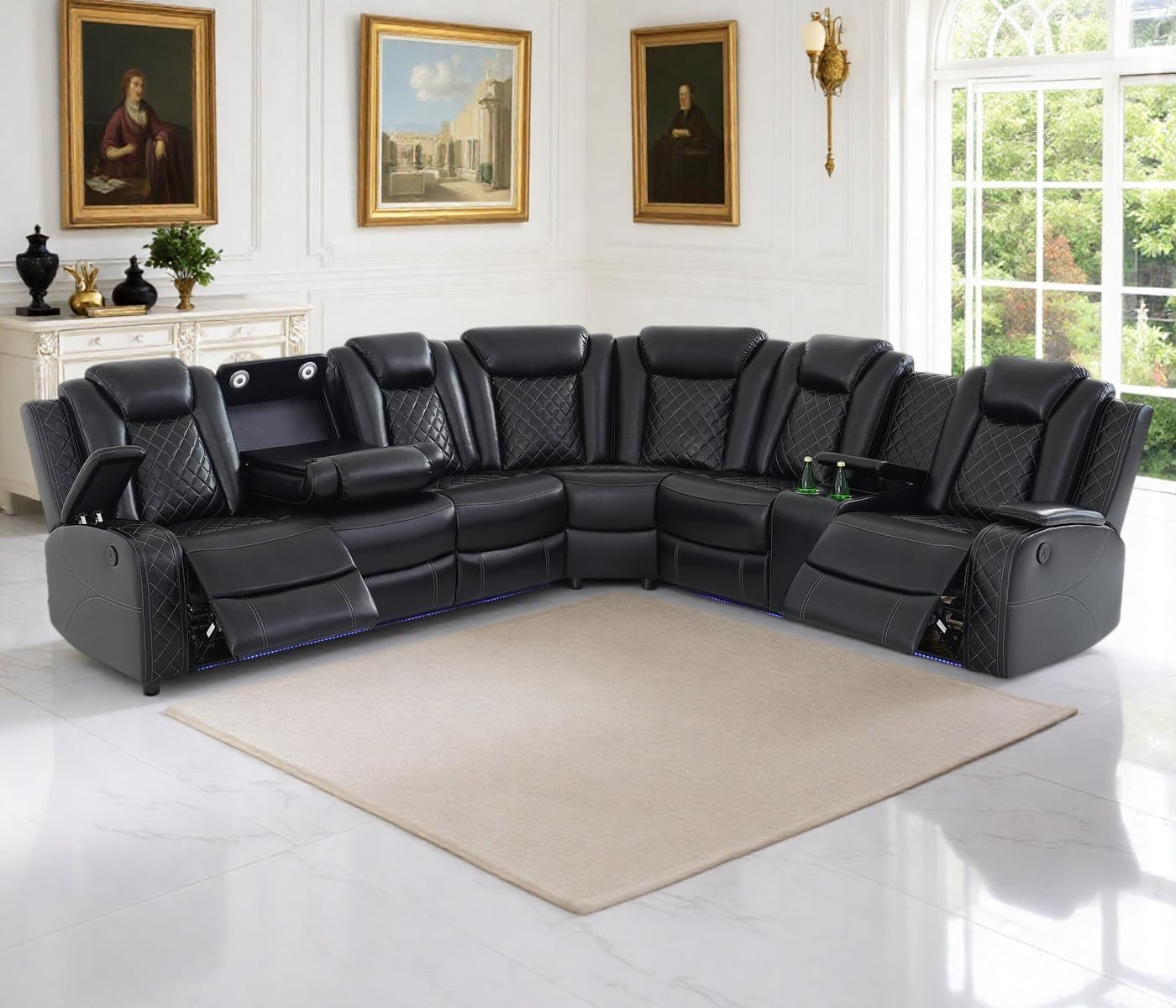 Power Recliner Sectional Sofa Set,Living Room Furniture Sets,Black Leather Sectional Reclining Couch Power Reclining Sofa with LED Light/Storage Console for Living Room