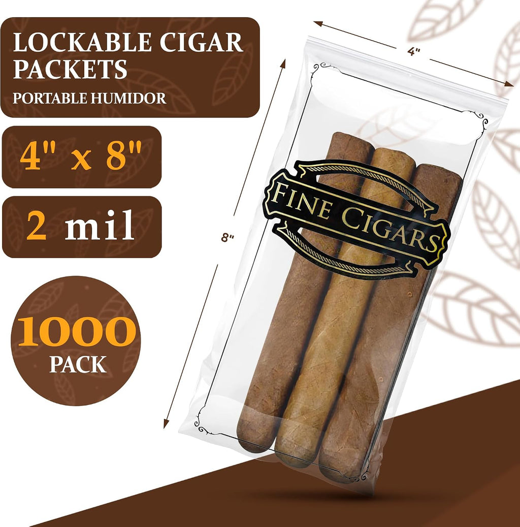 APQ Supply Clear Printed Fine Cigars Cigar Bags Plastic, 4 x 8 Inches. 1000 Pack Reclosable Zipper Bags for Cigars. Polyethylene Cigar Travel Bag, 2 Mil. Small Plastic Baggies for Tobacco Products