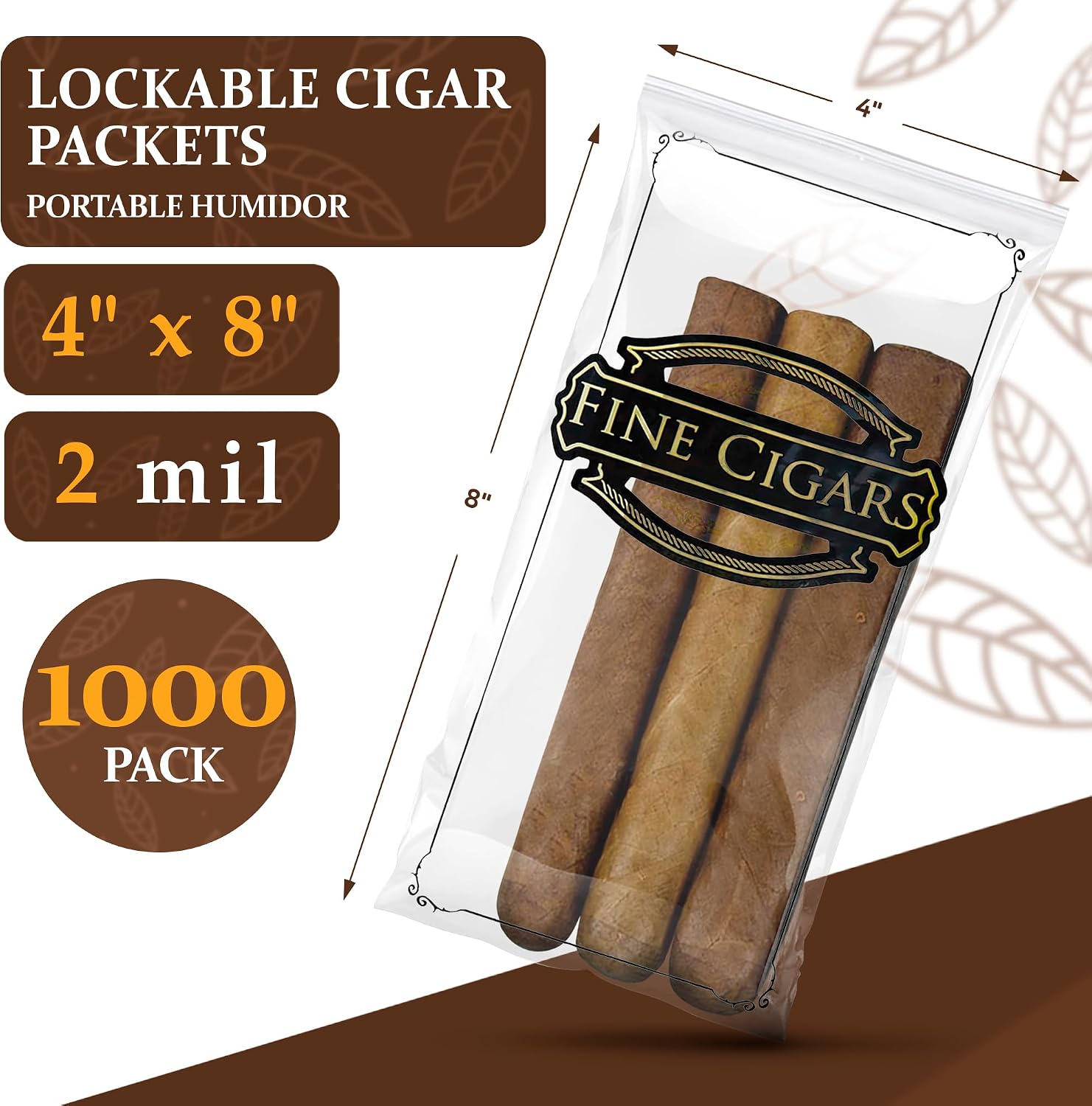 APQ Supply Clear Printed Fine Cigars Cigar Bags Plastic, 4 x 8 Inches. 1000 Pack Reclosable Zipper Bags for Cigars. Polyethylene Cigar Travel Bag, 2 Mil. Small Plastic Baggies for Tobacco Products