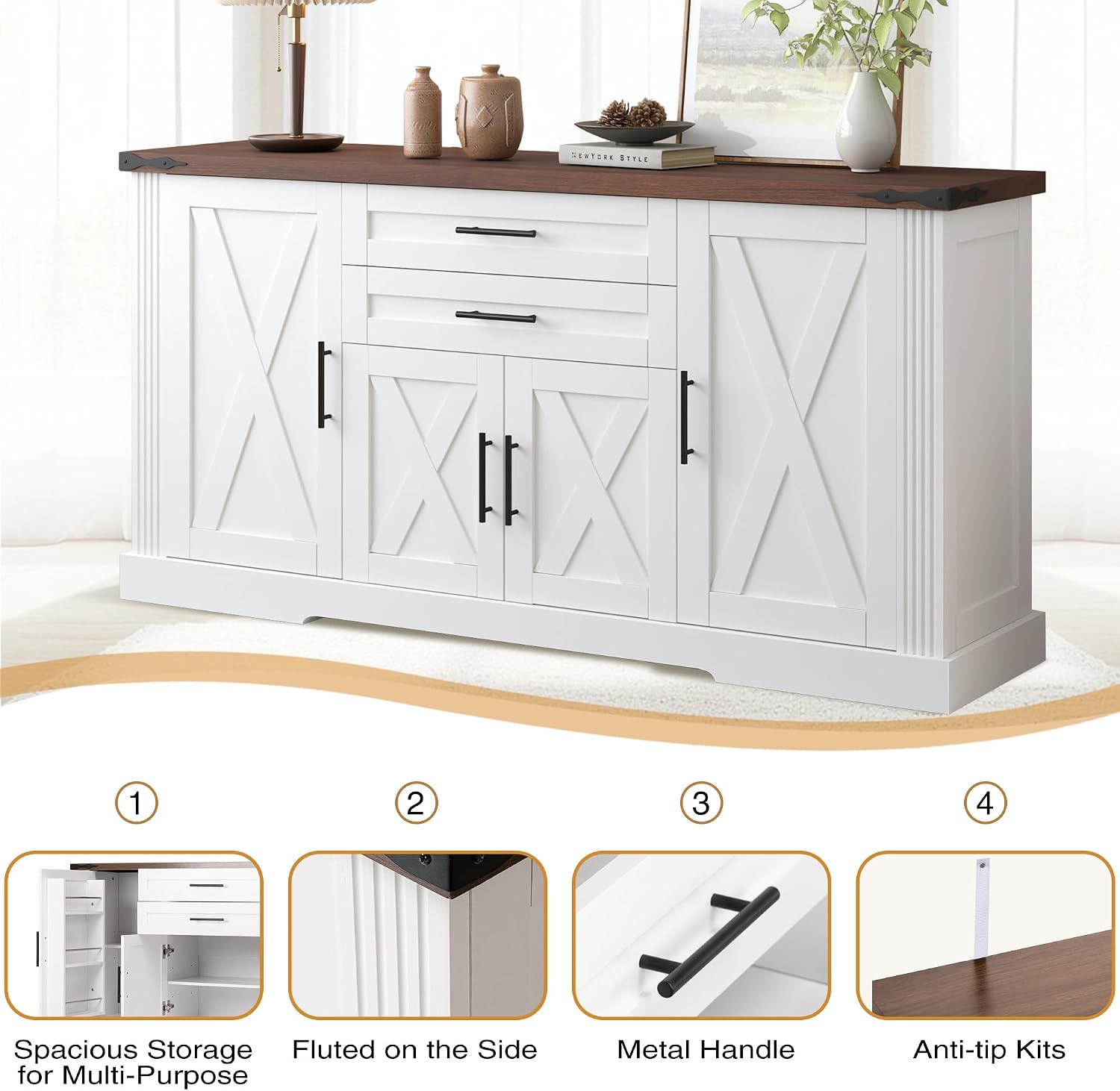RiteSune 63' Farmhouse Buffet Sideboard Cabinet, Large Kitchen Sideboard Storage with 2 Drawers and 4 Doors, Buffet Table for Dining Room, Living Room, Black