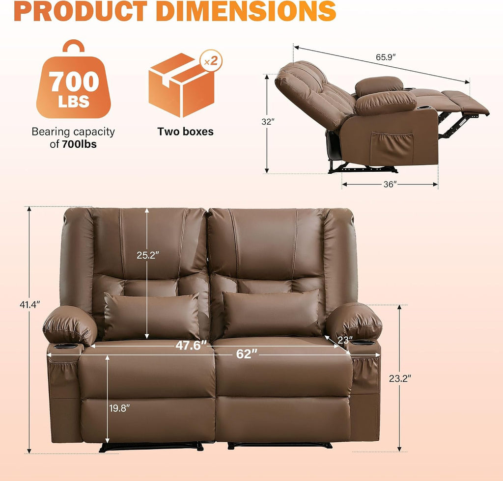 Brown Leather Loveseat Recliner with Massage/Heat, Oversized Recliner Couch & Reclining Loveseat with Cup Holders/Pillow, Manual Reclining Sofa For Living Room/Rv/Home Theater Seating (Brown)