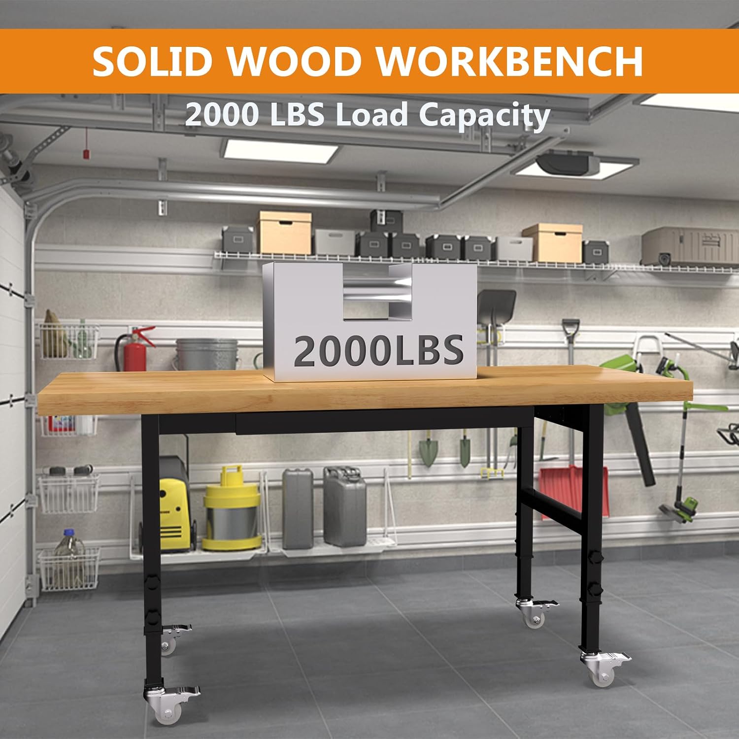 60' Heavy-Duty Solid Wood Work Bench with Drawers, Adjustable Height Workbench with Wheels, 2000 LBS Capacity Work Table with Power Outlets for Garage, Workshop(60' X 24')