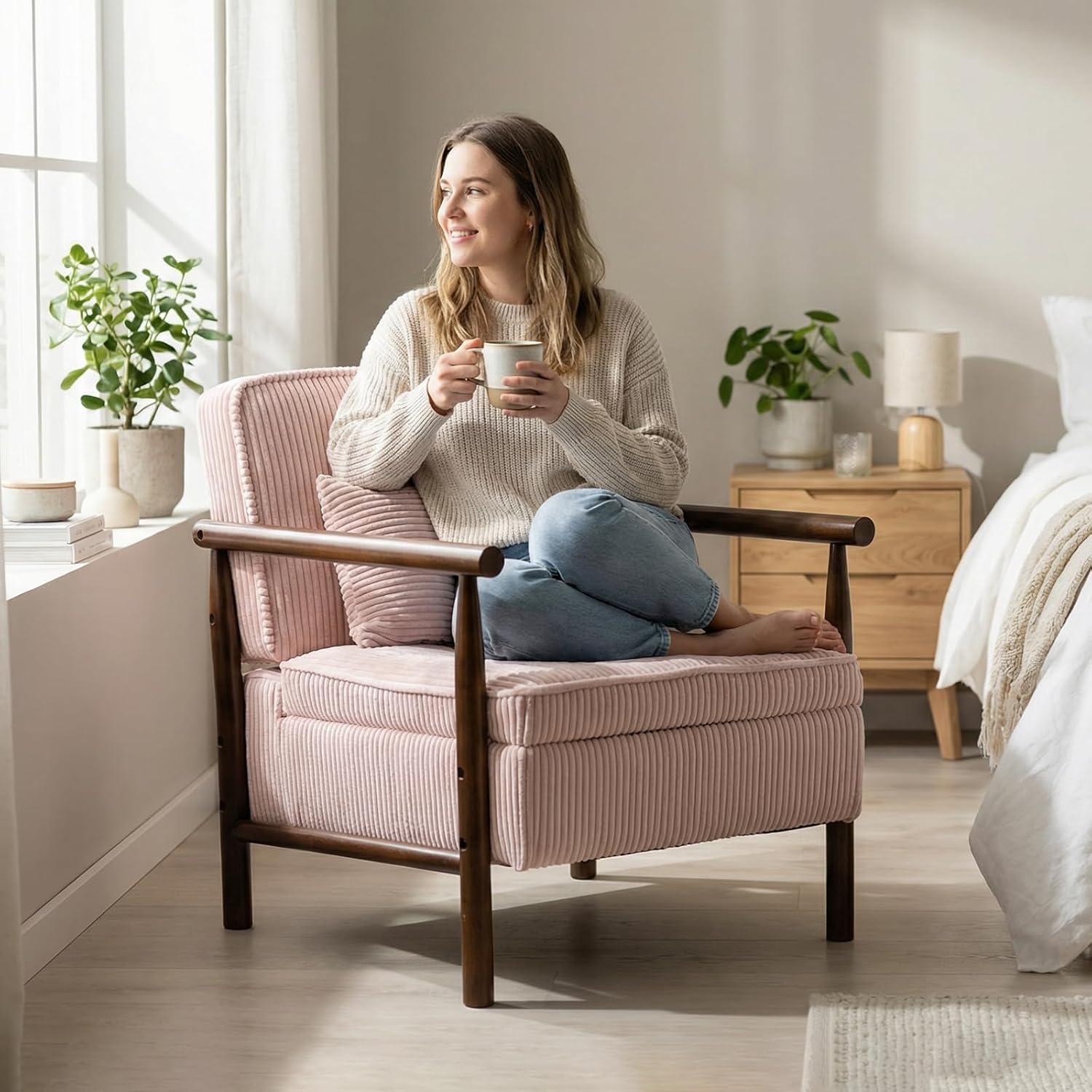 Accent Chair with Hidden Storage, Mid-Century Upholstered Armchair with Solid Wood Frame, Corduroy Fabric Accent Chair for Living Room, Bedroom, and Reading Corner(Pink)
