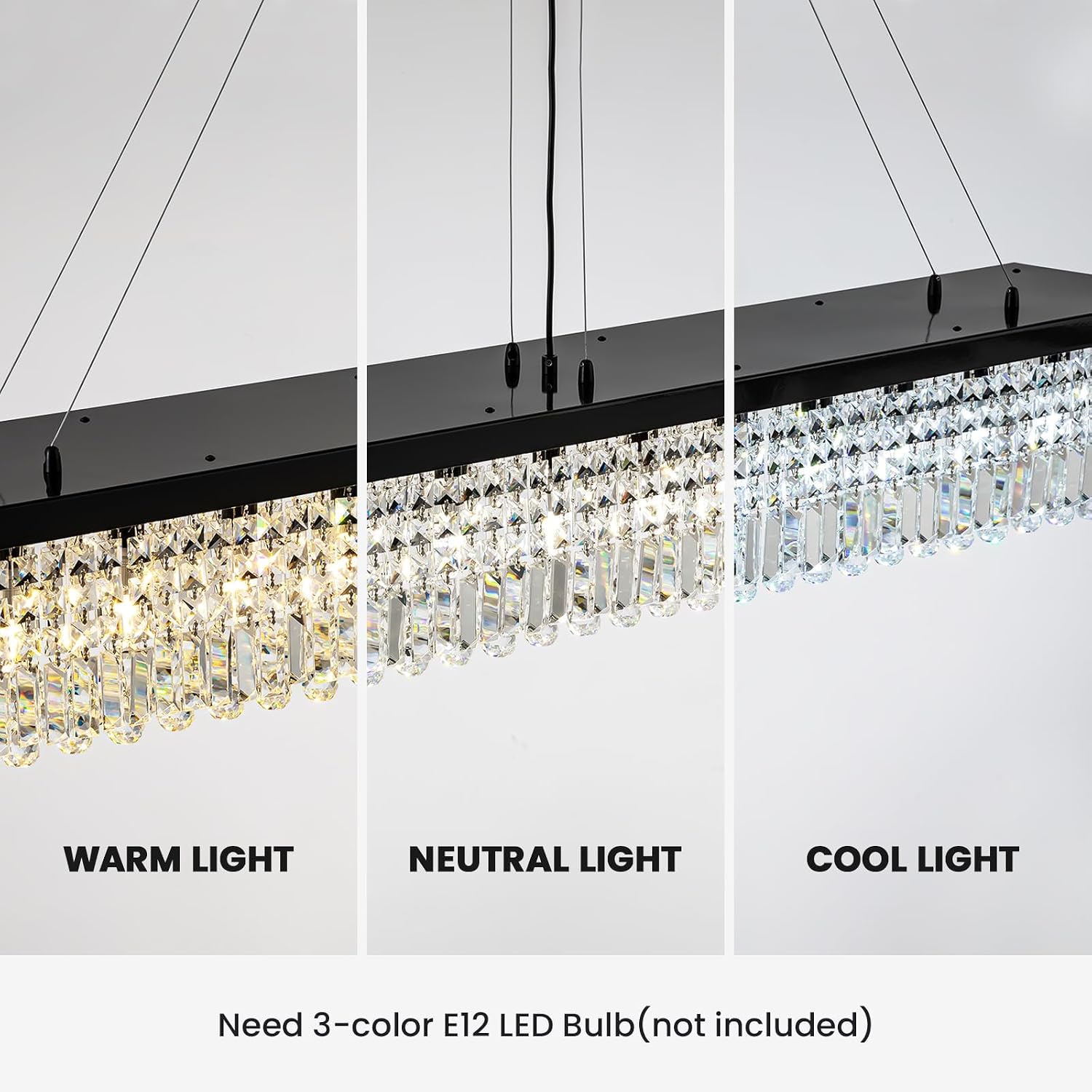 7PM Rectangle K9 Crystal Chandelier, 13-Light Modern Dining Room Linear Ceiling Chandelier, Rectangular Pendant Lighting Fixture for Kitchen Island Bedroom, Black Finish L59'' x W10'' x H9''