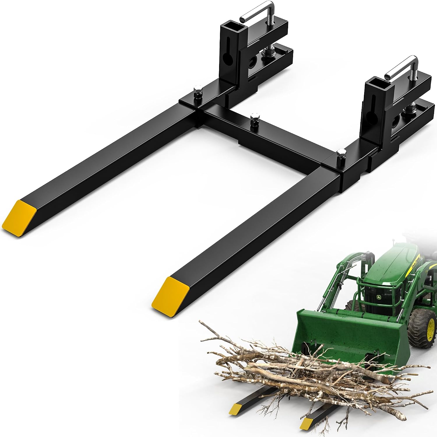 AUTOSAVER88 60' Clamp On Pallet Forks for Tractor Bucket, Heavy Duty 4000lbs Quick Attach Skid Steer Loader Pallet Fork with Adjustable Stabilizer Bar, Black