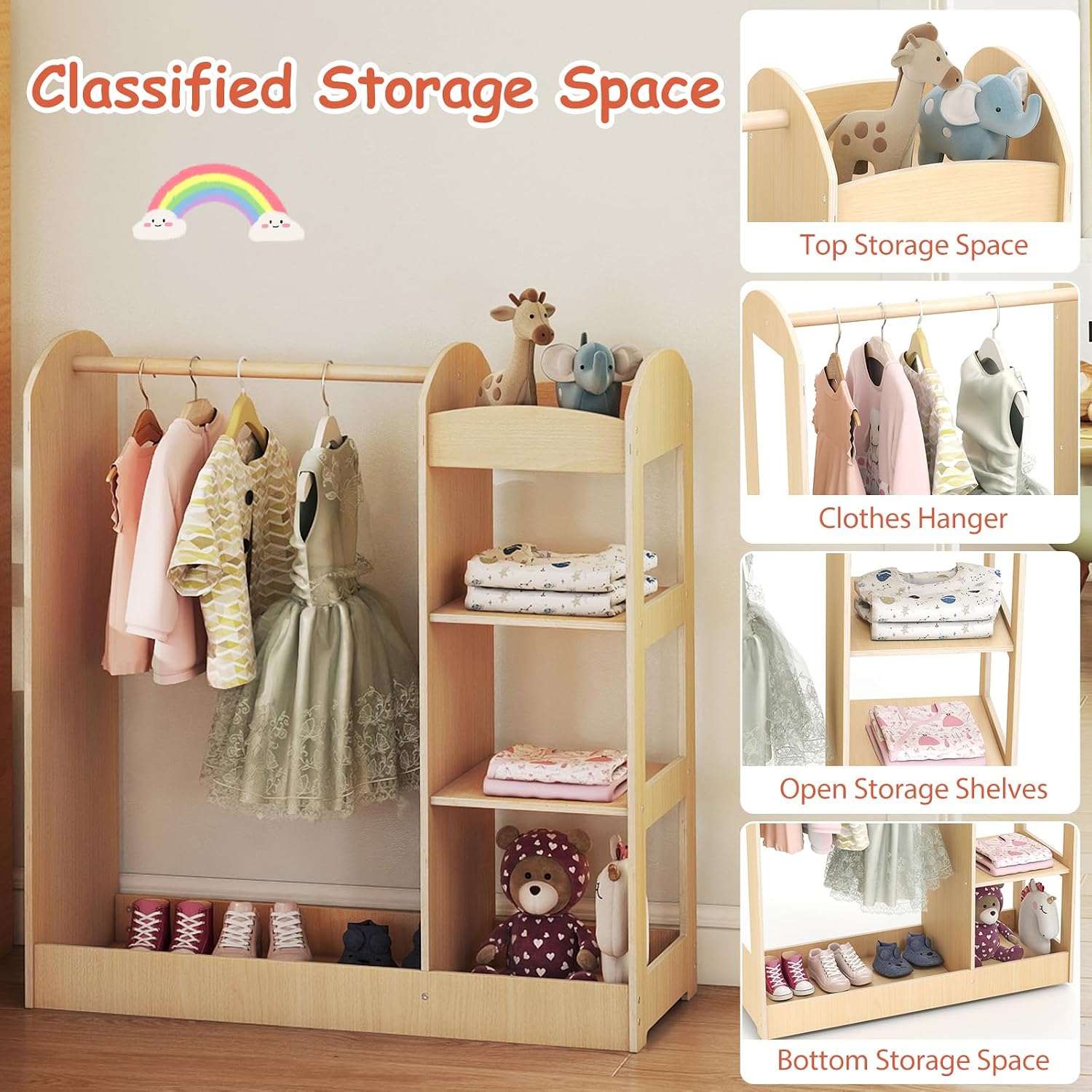 HONEY JOY Kids Dress up Storage with Mirror, Wooden Children Costume Wardrobe Closet, Open Hanging Toddler Armoire, Pretend Play Baby Dresser for Bedroom Playroom, Gift for 2+ Years Old (Natural)
