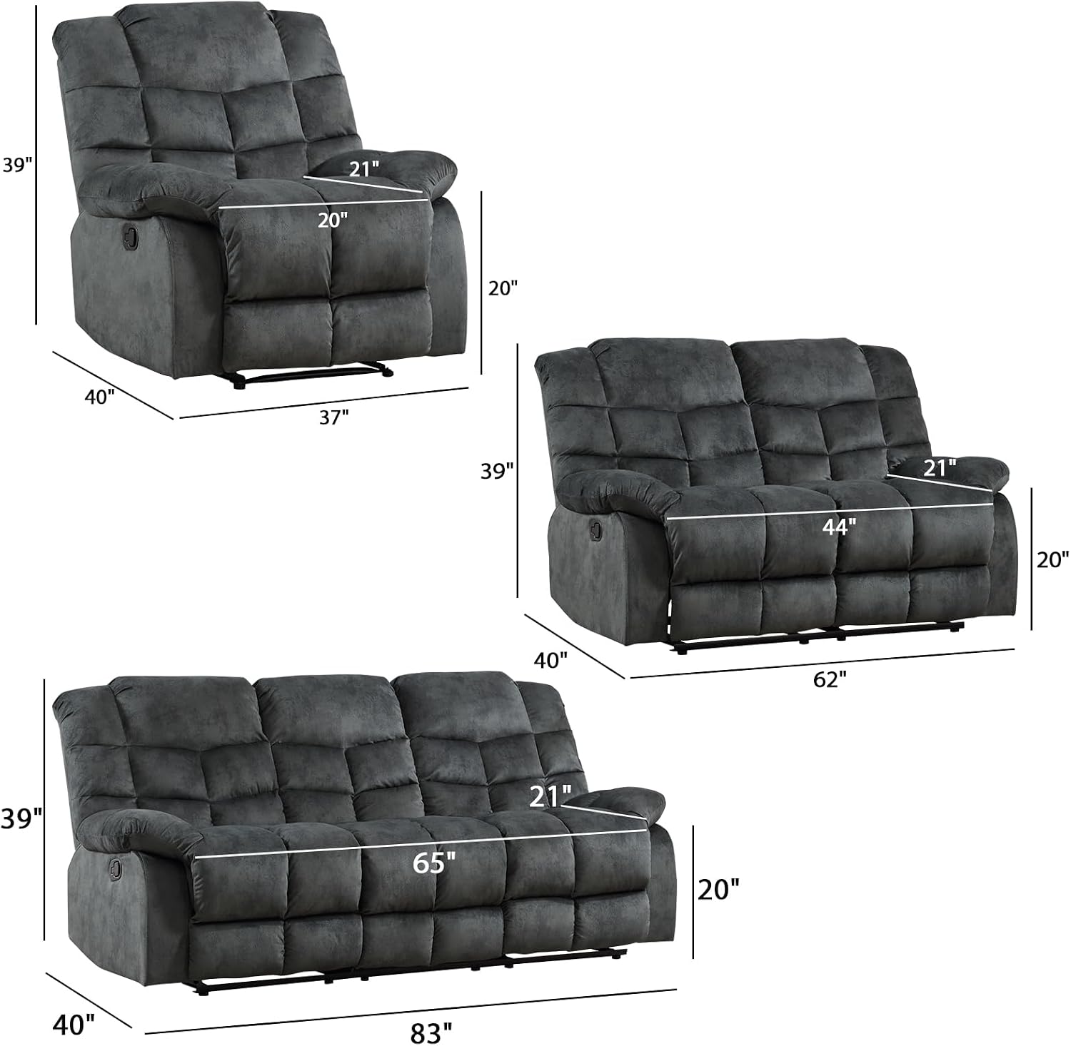 EBELLO Reclining Living Room Set, One Seat Manual Recliner, Loveseat Recliner Sofa and 3PC Bonded Manual Sofa Couch, Grey Green