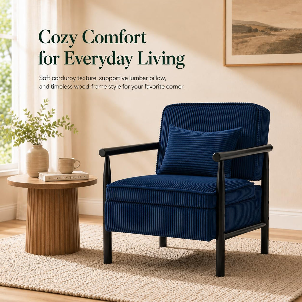Accent Chair with Hidden Storage, Mid-Century Upholstered Armchair with Solid Wood Frame, Corduroy Fabric Accent Chair for Living Room, Bedroom, and Reading Corner(Blue)