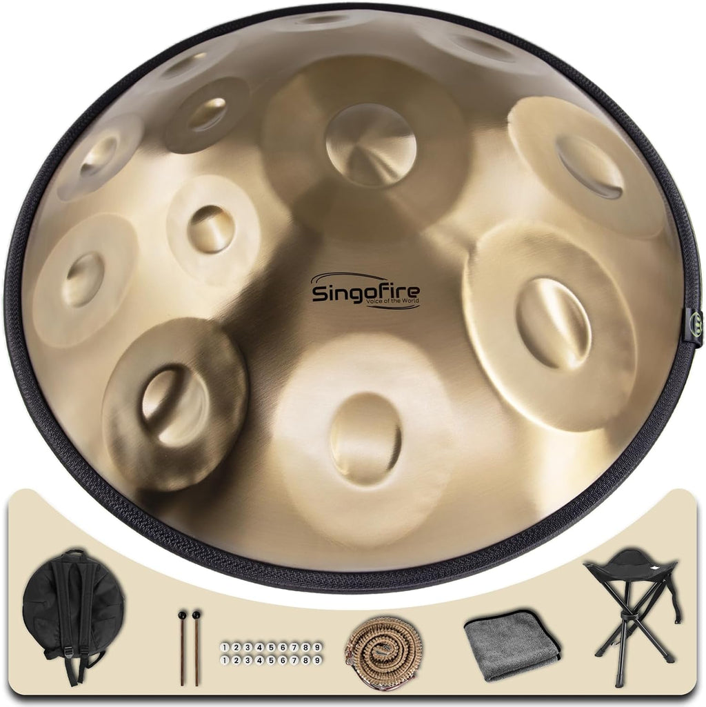 'SINGOFIRE' 12-Notes Handpan Drum, Handpan Drums for Adults, 22-Inch 440Hz D Minor Kurd, HandPan Instrument with Soft Handpan Bag, 2 Mallets, Handpan Stand and Dust-Free Cloth(Gold)