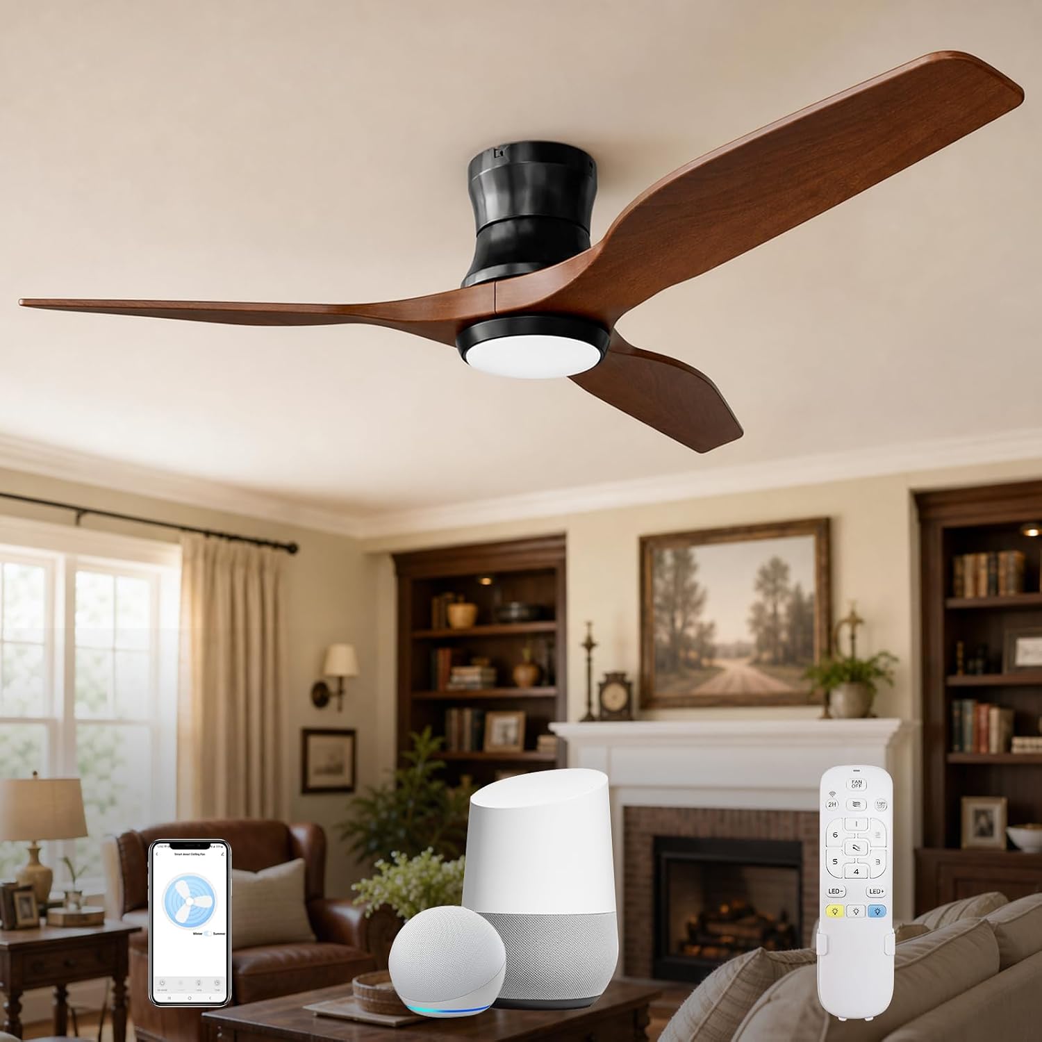 Smart 52' Wood Flush Mount Ceiling Fan with Remote Control, Walnut | Quiet DC Motor, WiFi Alexa Voice Control, High CFM Dimmable LED, Low Profile, Reversible, 6 Speeds Adjustment, Time Setting