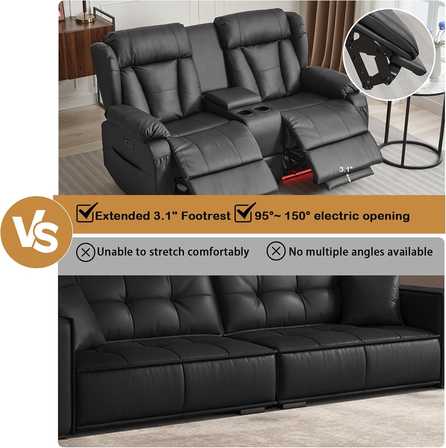 Power Reclining Loveseat Sofa, Loveseat Recliner Couch with Console, RV Recliners for Travel Trailers, Home Theater Seating with Cup Holders/LED/Drawer/USB/USB C (Black)