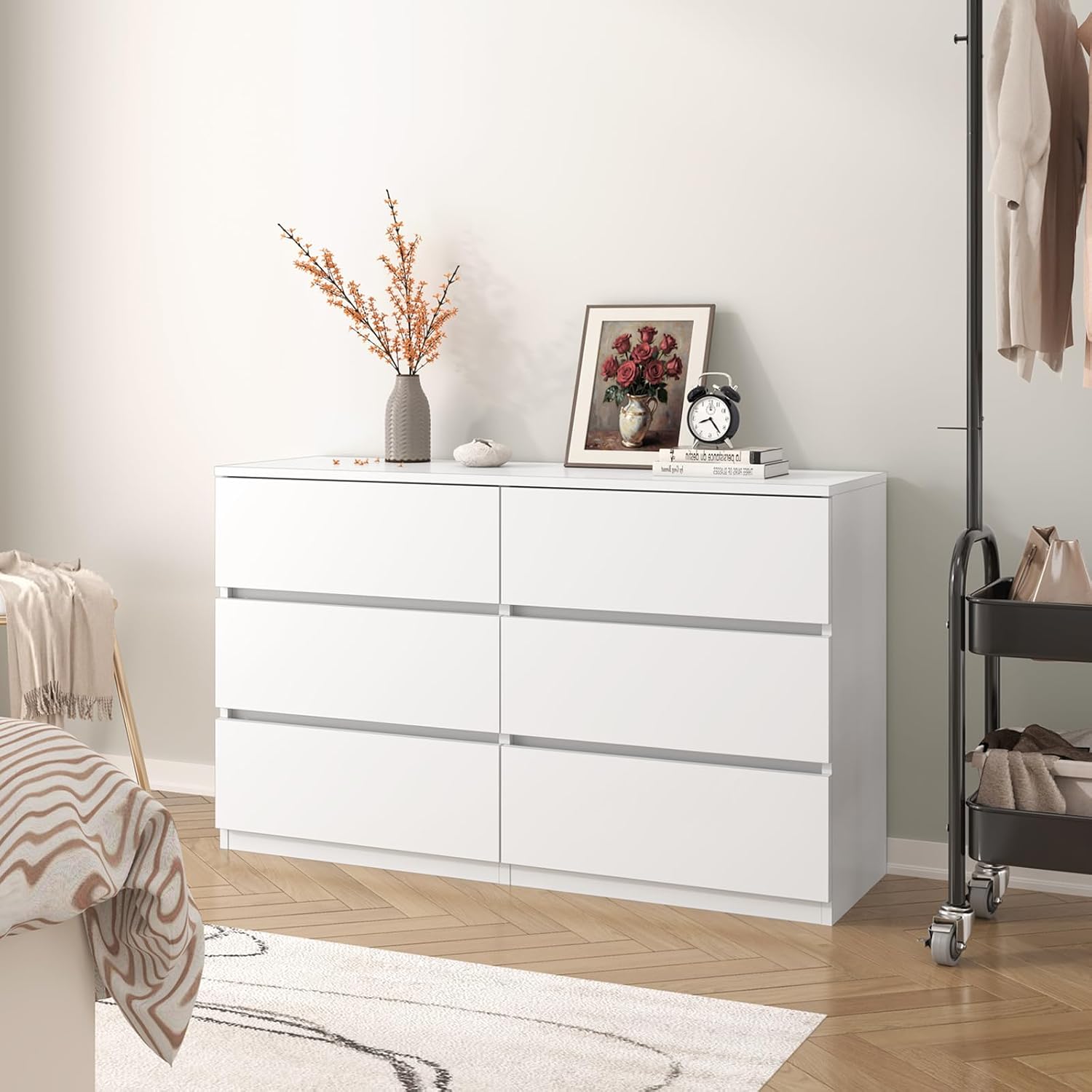 furtble 6 Drawer Dresser for Bedroom, Modern White Chest of Drawers No Handles Large Storage, Wood Dressers with Wide Drawers for Closet, Living Room, Home Office(43.3' W x13.4 Dx 26.4' H)
