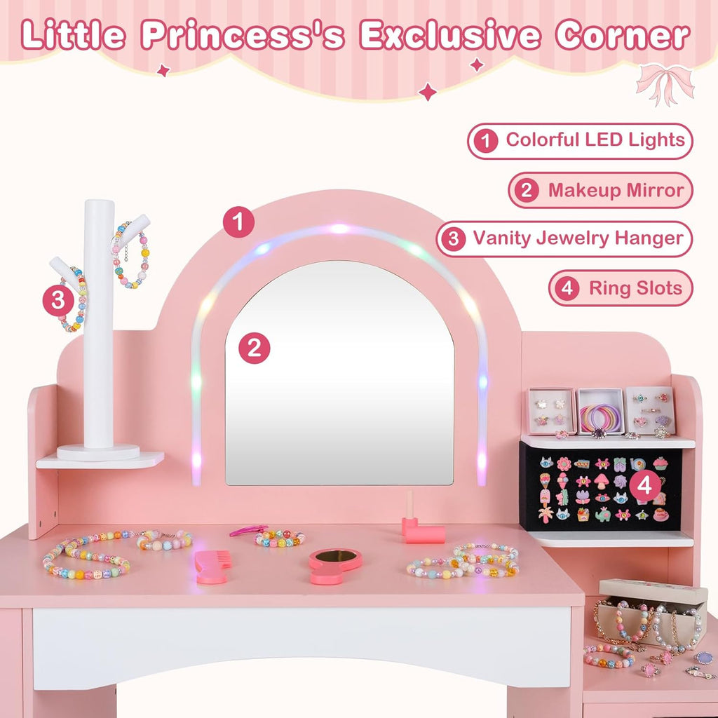 INFANS Kids Vanity with Lights, Princess Makeup Desk with Mirror, Jewelry Hanger, Fabric Drawers, Toddler Table and Chair Set Pretend Play for Girls