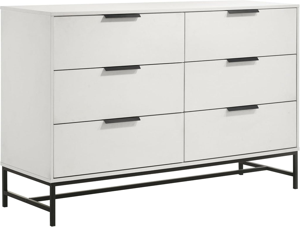 Coaster Home Furnishings - Sonora - Melamine - 6-Drawer Dresser with Contemporary Style, Black Metal Base, Bar Pull Handles, Rectangular Structure, Tip-Over Restraint - Bedroom - White - 224863