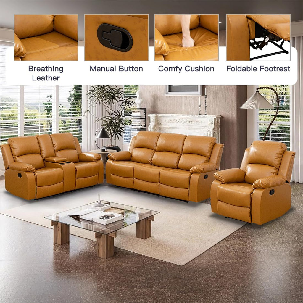 Manual Reclining Couch Sofa Set with Drop-Down Table, 3 Pieces Ginger Leather Recliner Couch Sets, Living Room Furniture Sets, Recliner Sofa with Storage Console/Cup Holder for Home/Apartment