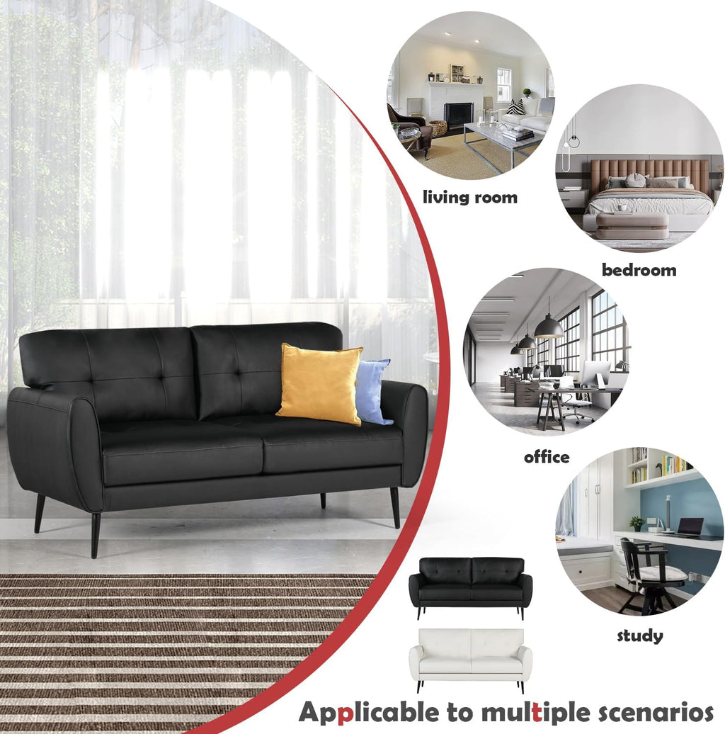 60' Loveseat Sofa for Living Room, Mid Century Mini Black Couch, Tufted Leather Love Seat Furniture, Comfy Office 2 Seat, Small Couches for Small Spaces, Bedroom, Apartment