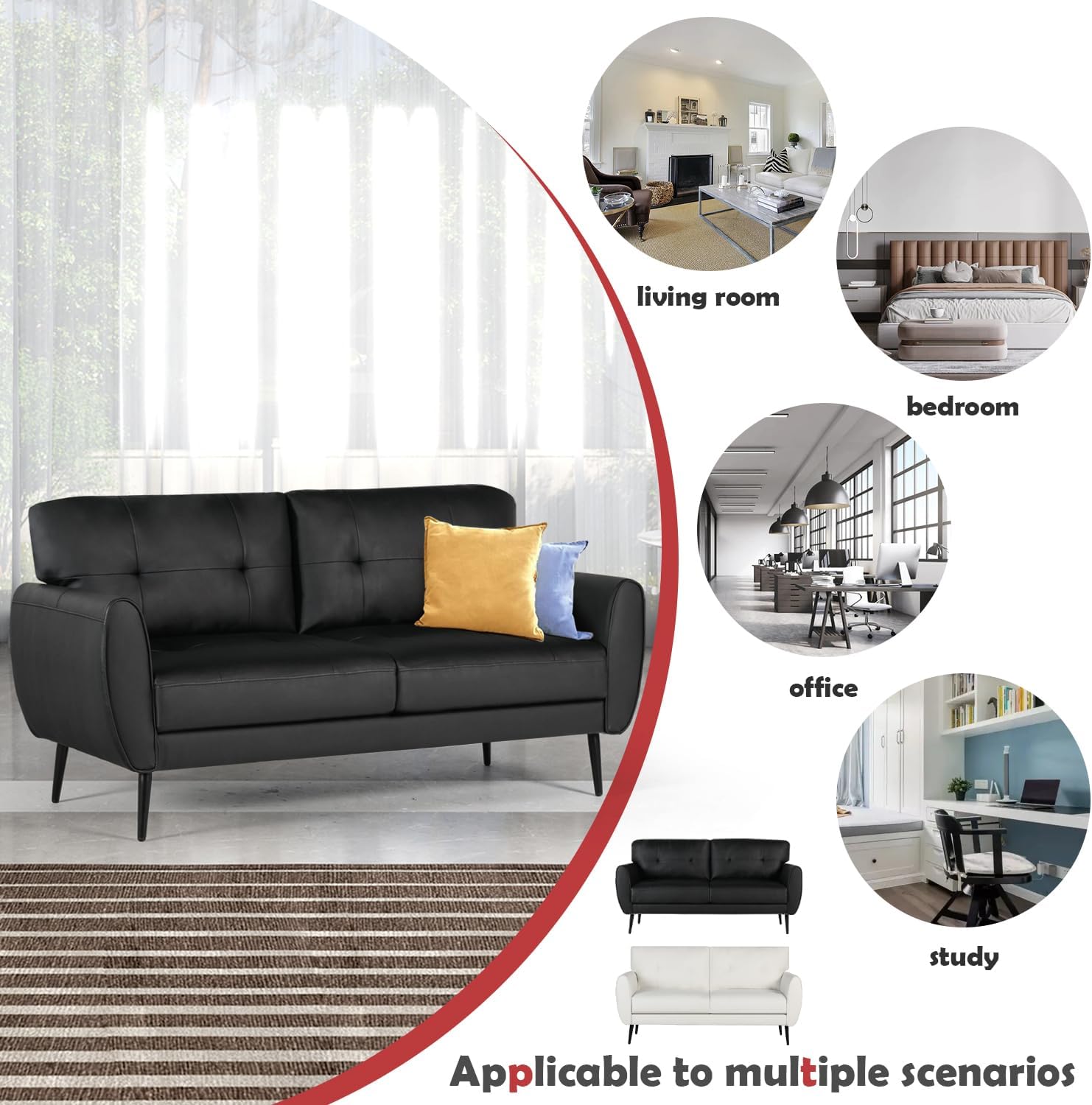 60' Loveseat Sofa for Living Room, Mid Century Mini Black Couch, Tufted Leather Love Seat Furniture, Comfy Office 2 Seat, Small Couches for Small Spaces, Bedroom, Apartment