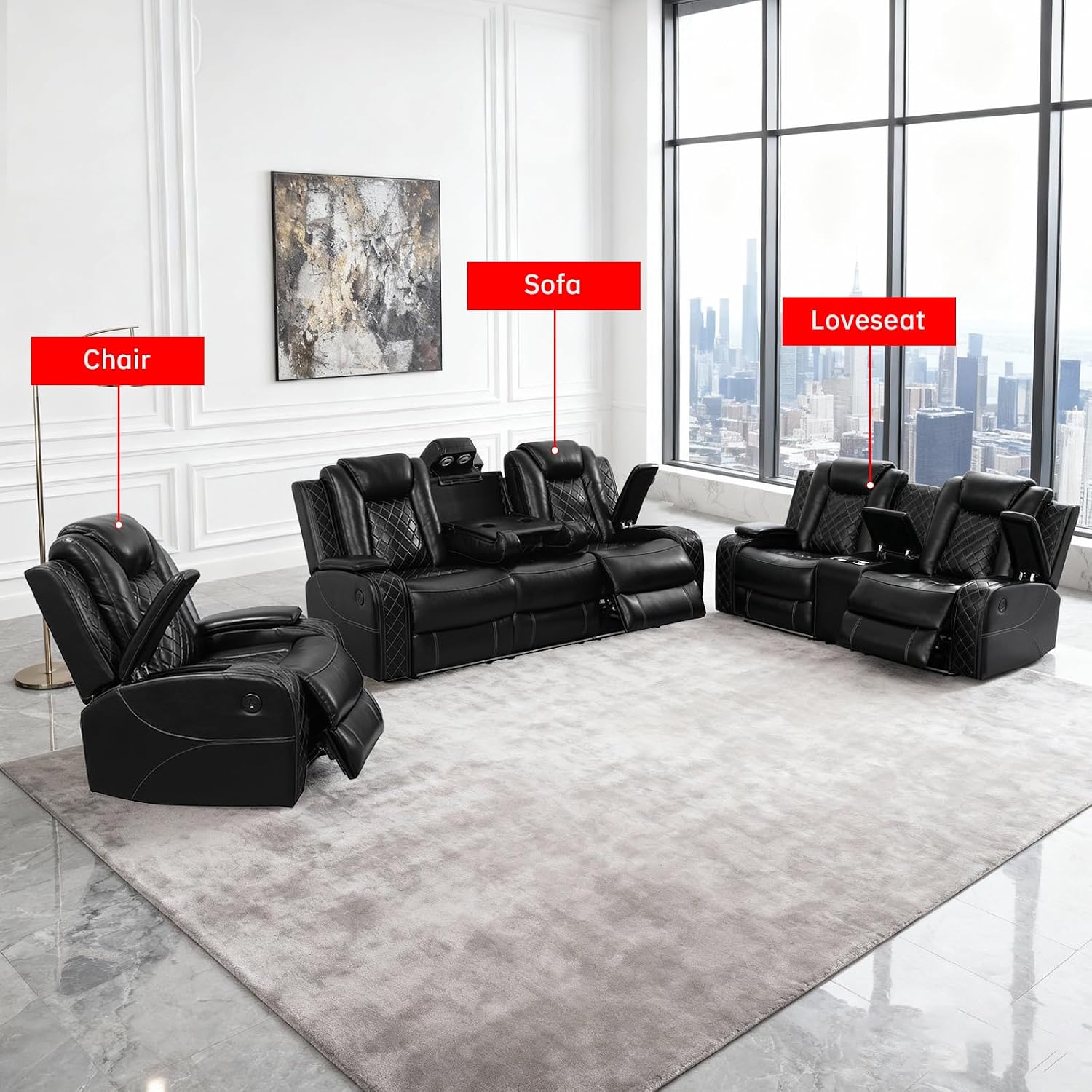 Living Room Furniture Sets, Power Recliner Sectional Sofa with LED Lights, Leather Couch Set, Reclining Loveseat for Living Room, Home Theater,and Office (2-Seater Loveseat, Black)