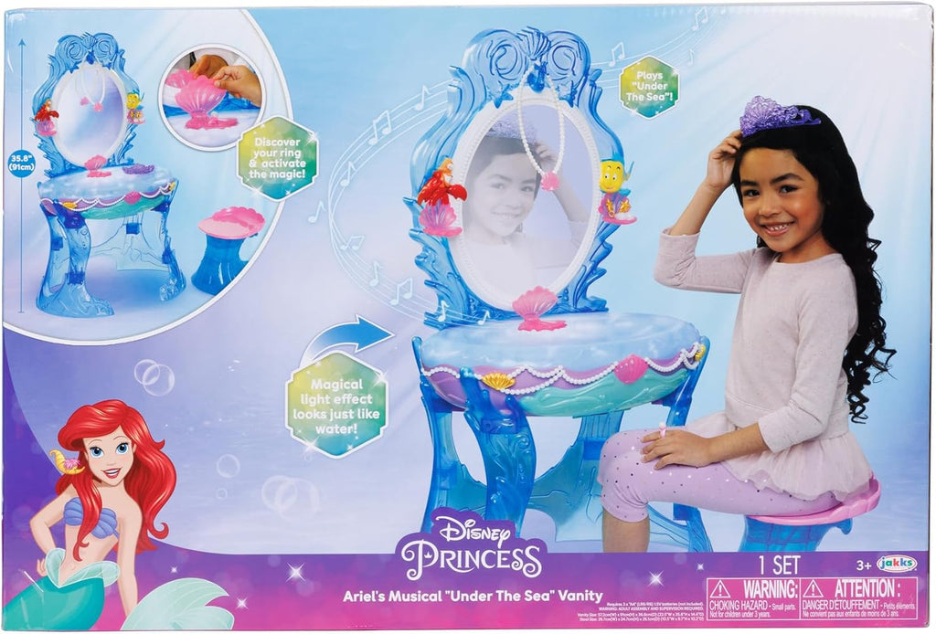 Disney Princess Ariel Vanity for Girls with Lights & Sounds, Plays 'Under The Sea' - Magical Light Up Effect Looks Just Like Water! Pretend Play Girls Vanity Set with Mirror and Stool
