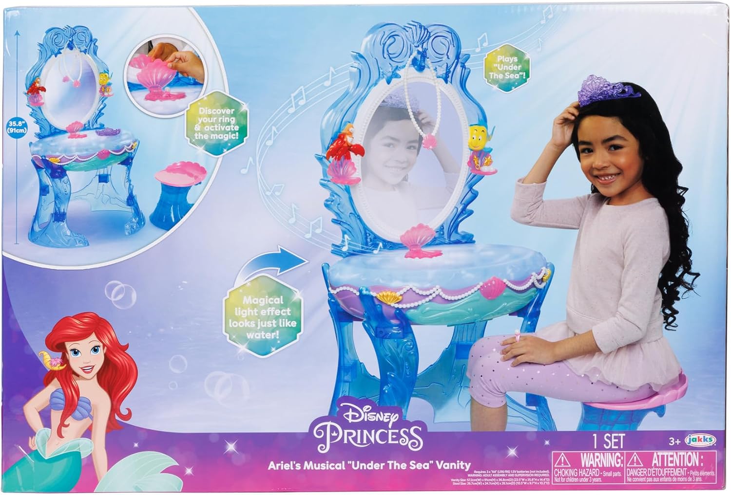 Disney Princess Ariel Vanity for Girls with Lights & Sounds, Plays 'Under The Sea' - Magical Light Up Effect Looks Just Like Water! Pretend Play Girls Vanity Set with Mirror and Stool