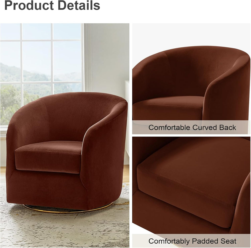 HULALA HOME Swivel Accent Chair with Gold Metal Base, Set of 2 Contemporary Velvet Curved Swivel Barrel Chair, Upholstered Club Armchair, Leisure Single Sofa for Living Room, Bedroom(Burn-Brick)