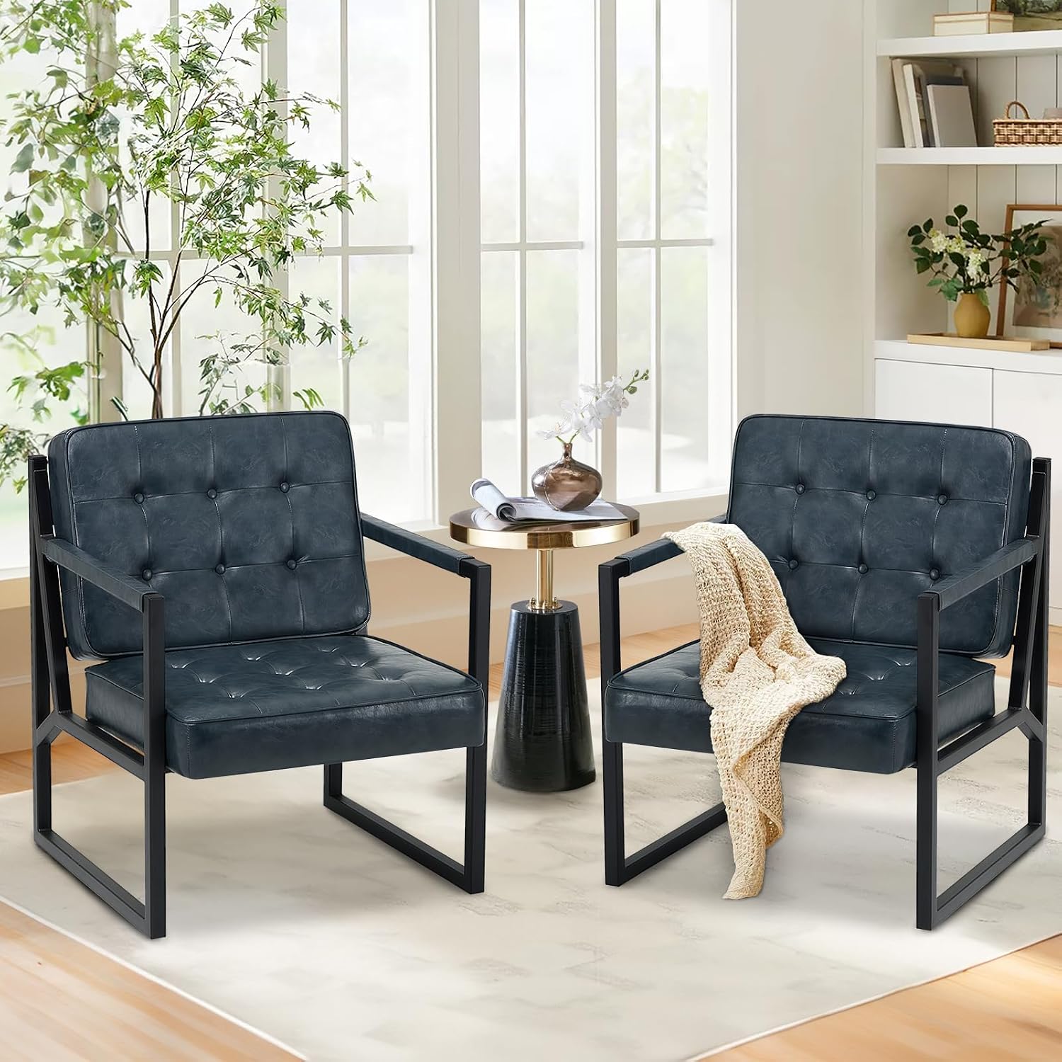 MALOL Accent Chairs Set of 2, Modern Accent Arm Chairs for Living Room, Comfy Leather Armchairs with Metal Legs for Bedroom Reception Room, Blue