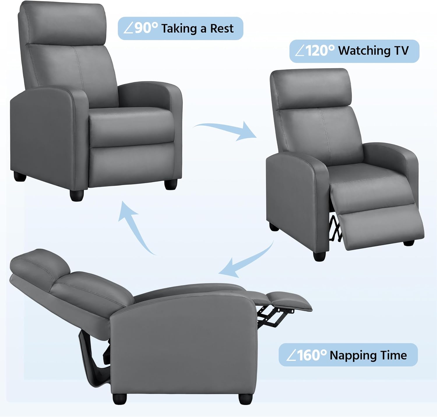 Yaheetech Recliner Chair Set of 2, PU Leather Upholstered Reclining Sofa Chair with Pocket Springs for Living Room, Home Theater Seating Grey