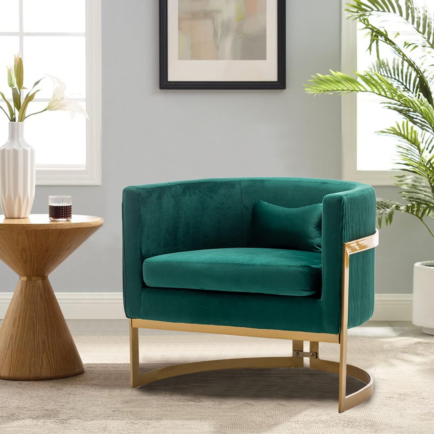 Velvet Accent Chair Green Modern Upholstered Barrel Chair, Wide Arm Chairs for Living Room Bedroom Club Side Chairs with Gold Legs