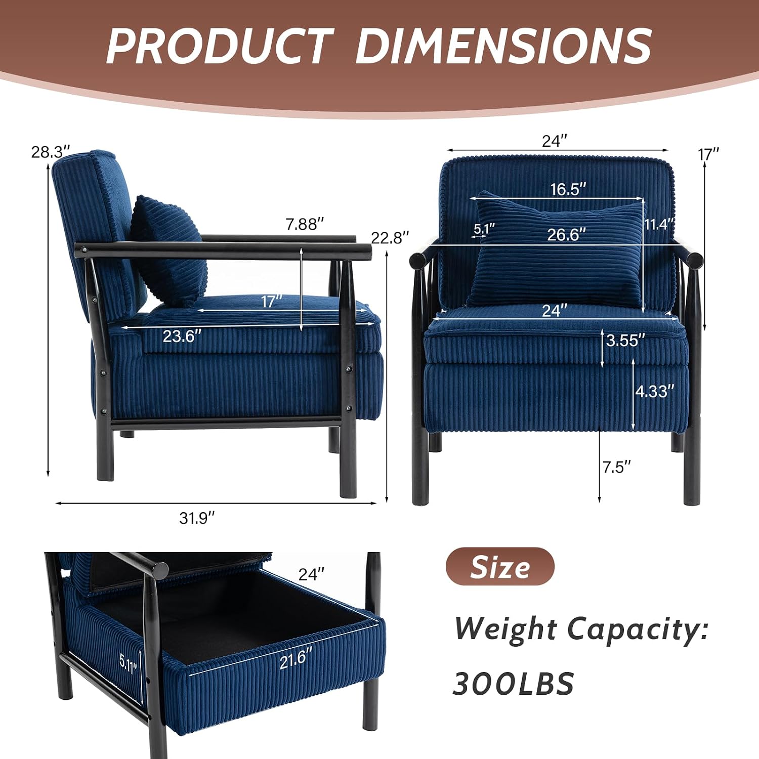 Accent Chair with Hidden Storage, Mid-Century Upholstered Armchair with Solid Wood Frame, Corduroy Fabric Accent Chair for Living Room, Bedroom, and Reading Corner(Blue)
