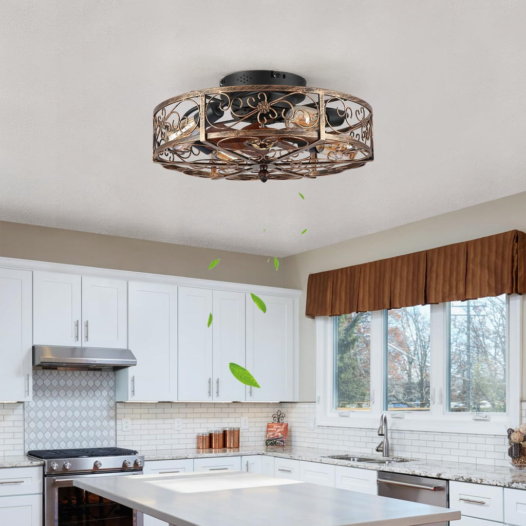 20'' Caged Ceiling Fan with Lights and Remote Control,Small Farmhouse Bladeless Low Profile Ceiling Fans Lights,Vintage Flush Mount Ceiling Light,Reversible Motor 6 Speeds for Bedroom,Living Room
