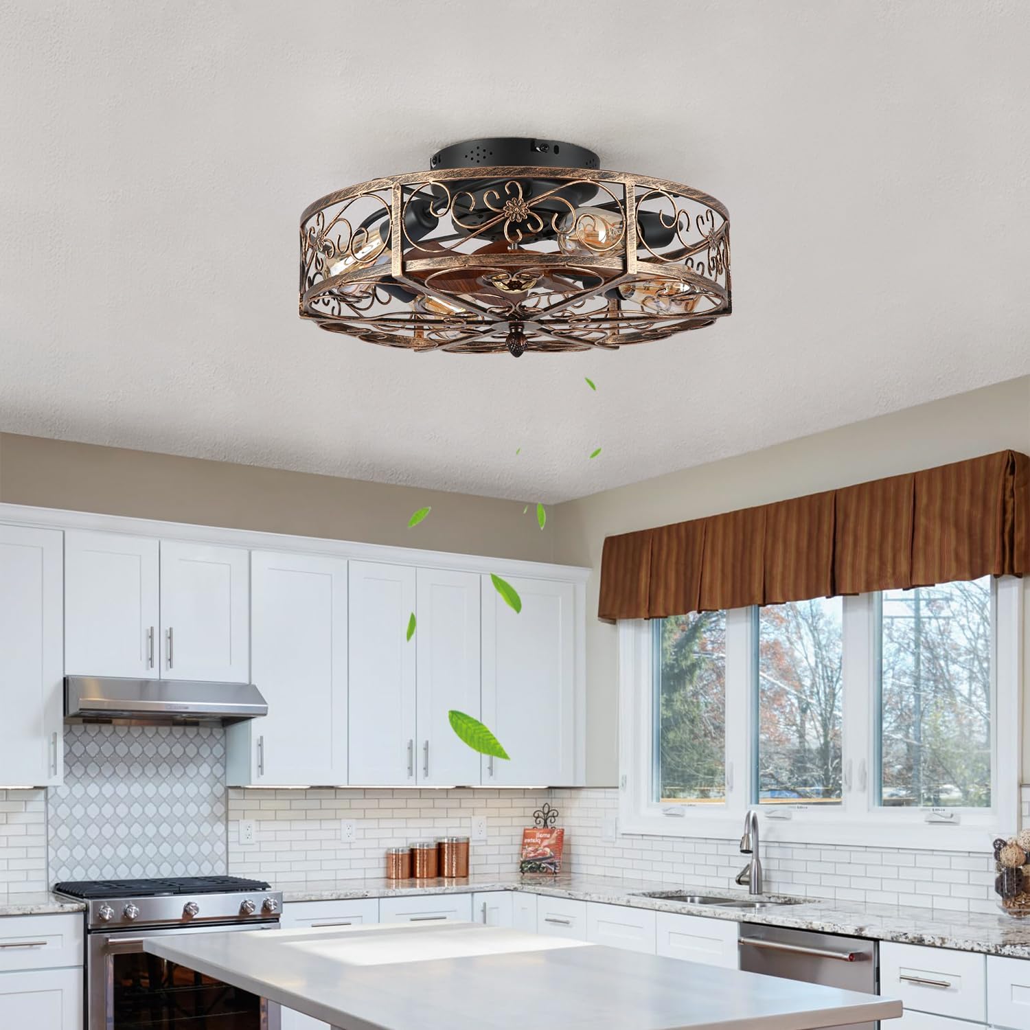 20'' Caged Ceiling Fan with Lights and Remote Control,Small Farmhouse Bladeless Low Profile Ceiling Fans Lights,Vintage Flush Mount Ceiling Light,Reversible Motor 6 Speeds for Bedroom,Living Room
