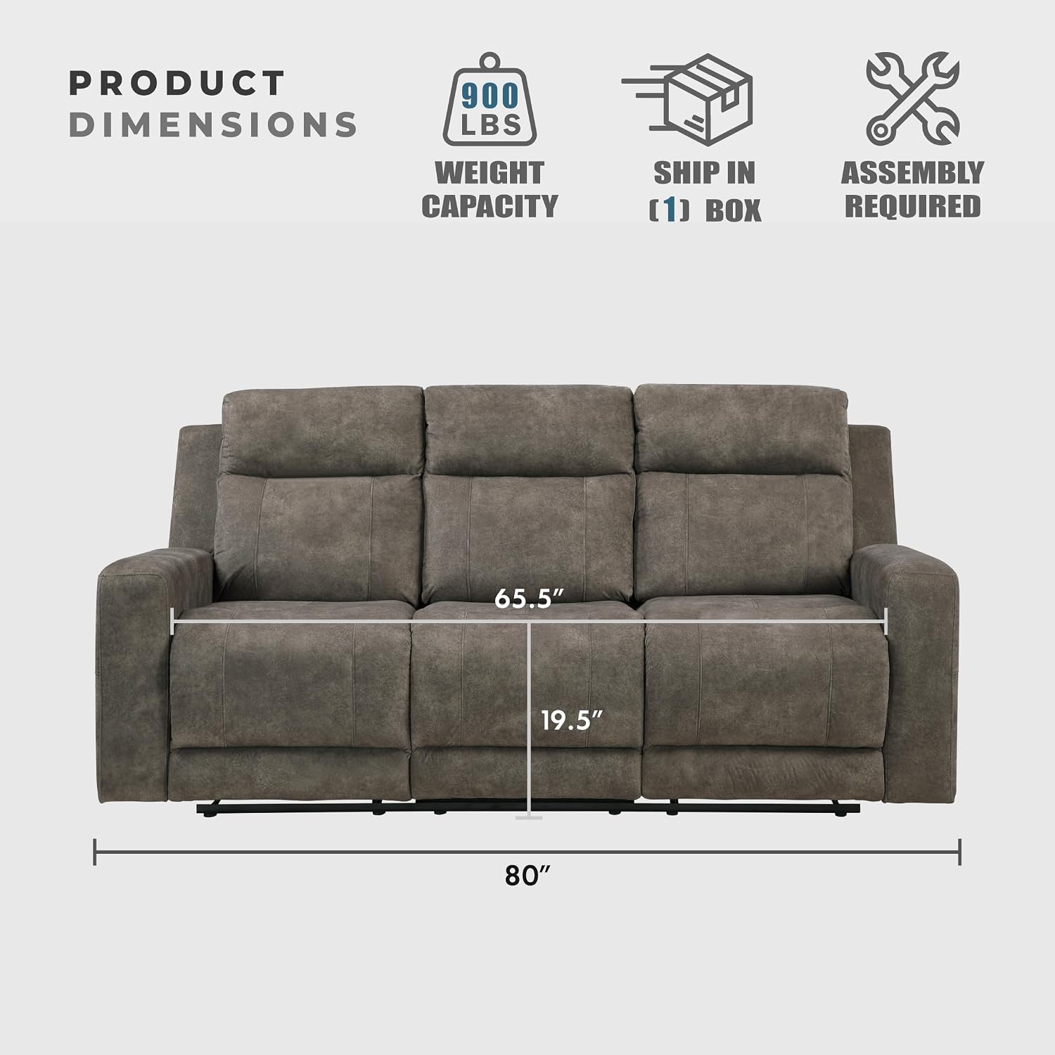 Lexicon Manual Double Reclining Sofa, Textured Microfiber Upholstered 3 Seater Manual Sofa Recliner for Living Room, Wall Hugger, Track Arm, Easy Assembly, Brown