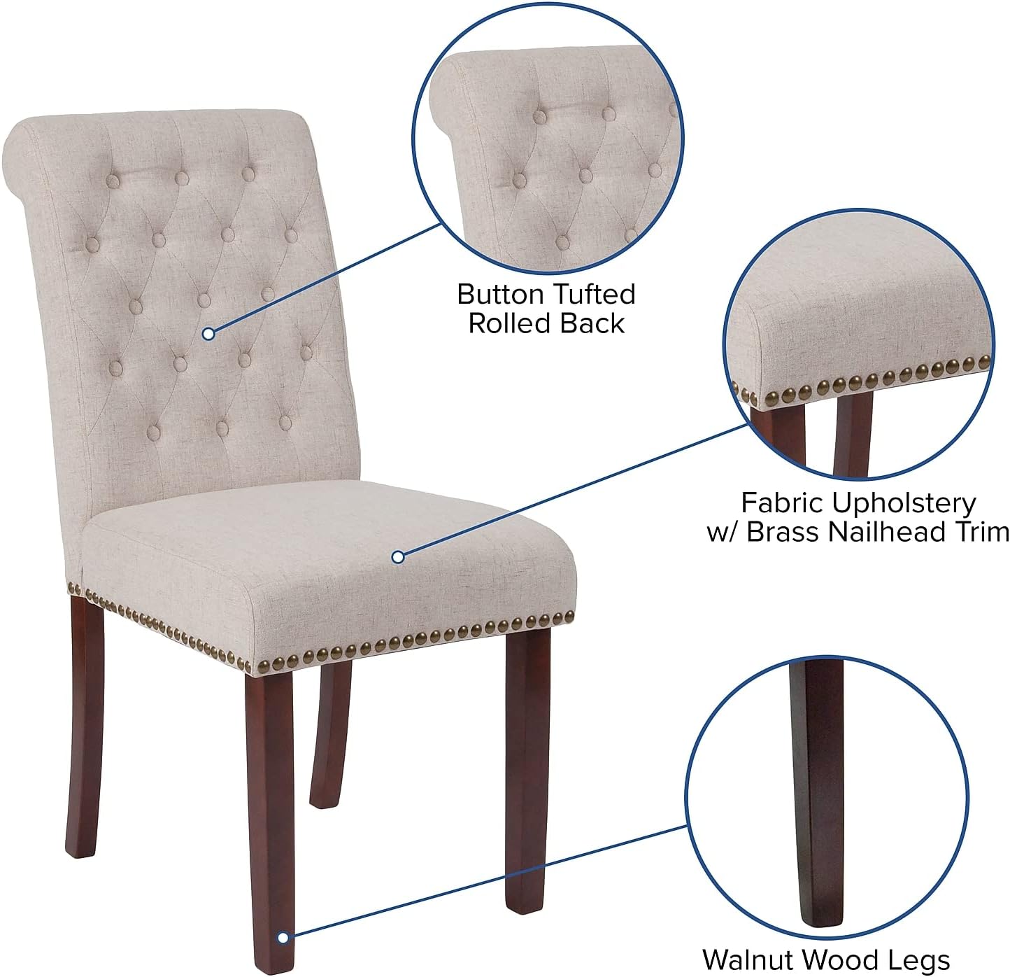 Flash Furniture HERCULES Series Beige Fabric Parsons Chair with Rolled Back, Accent Nail Trim and Walnut Finish