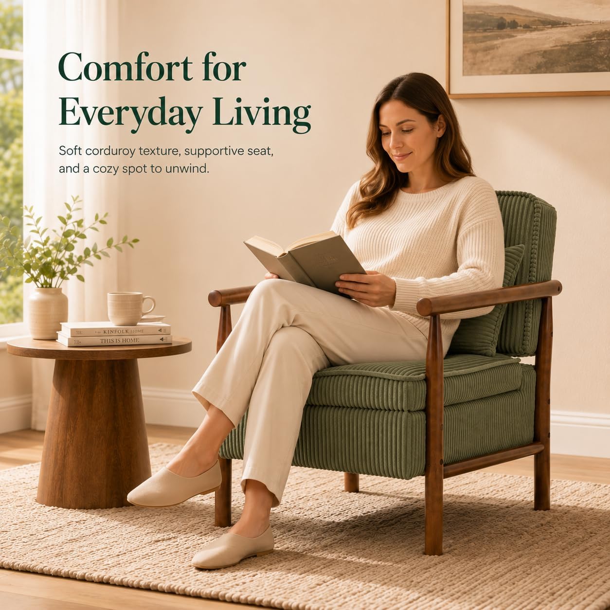 Accent Chair with Hidden Storage, Mid-Century Upholstered Armchair with Solid Wood Frame, Corduroy Fabric Accent Chair for Living Room, Bedroom, and Reading Corner(Green)