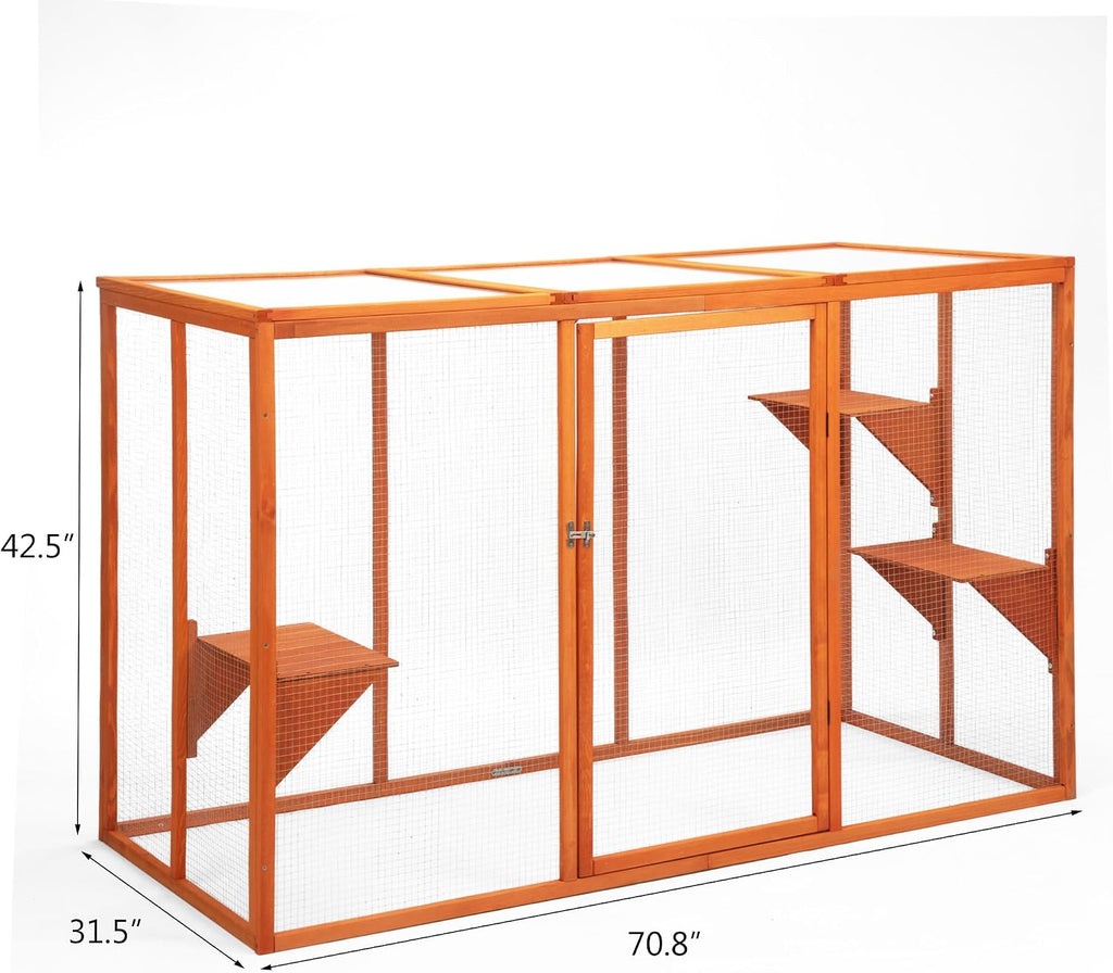 Catio Outdoor Cat Enclosure, 71' Large Weatherproof Catios with Cedar Wood Frame for cat Patio, Heavy Duty Outdoor Cat Condo & Cage, Indoor cattio for Cats (Orange-Red, Large)