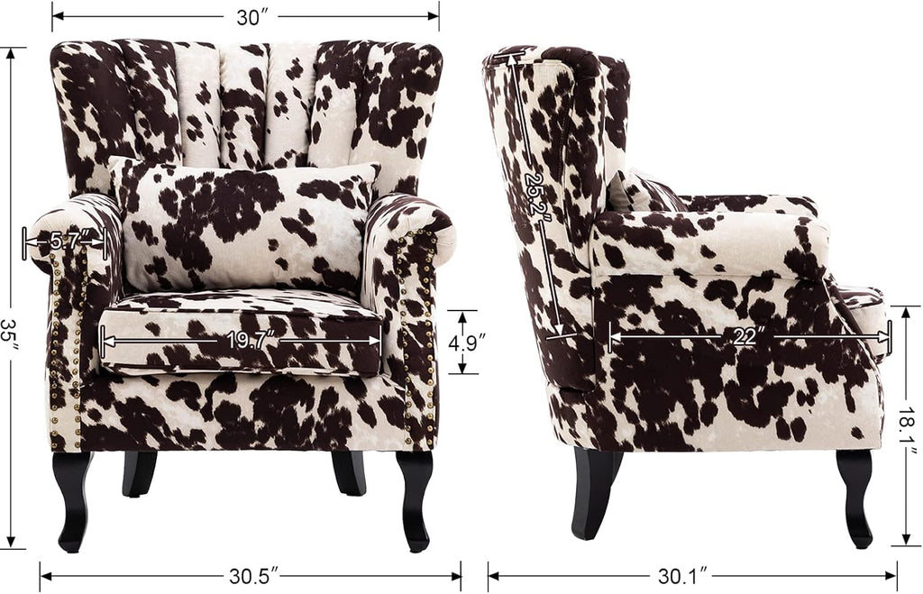 Kmax Cow Print Accent Chair Velvet Wingback Chair with Pillow Nail-Head Channel Tufted Oversized Club Chair for Living Room Bedroom Guest Room